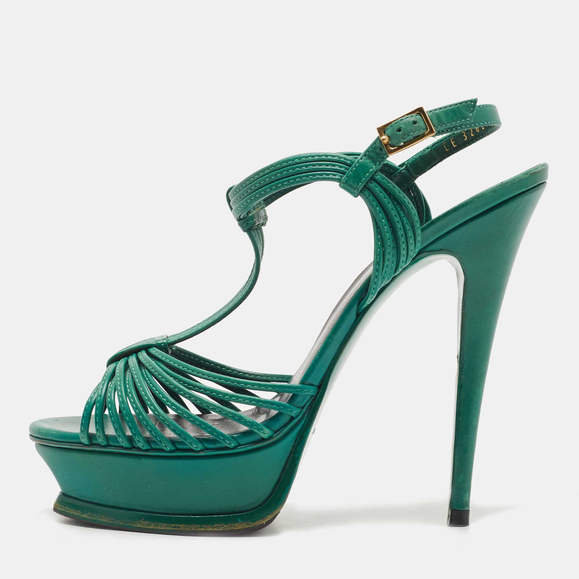 

Saint Laurent Green Leather Platform Ankle Strap Sandals Size