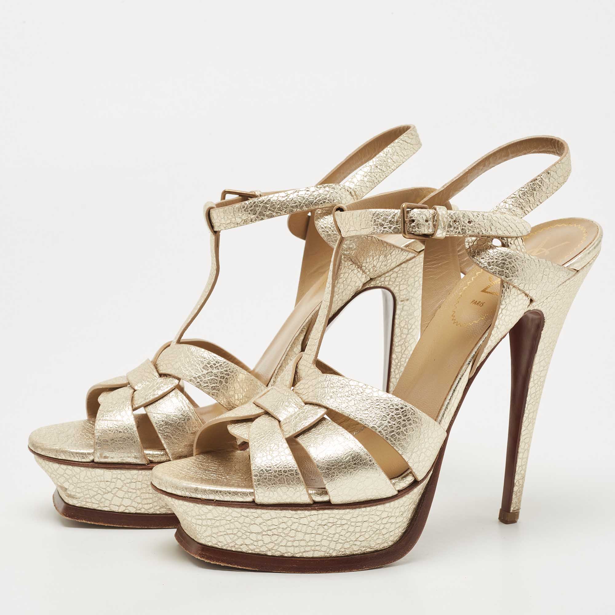 

Saint Laurent Gold Texture Leather Tribute Sandals Size