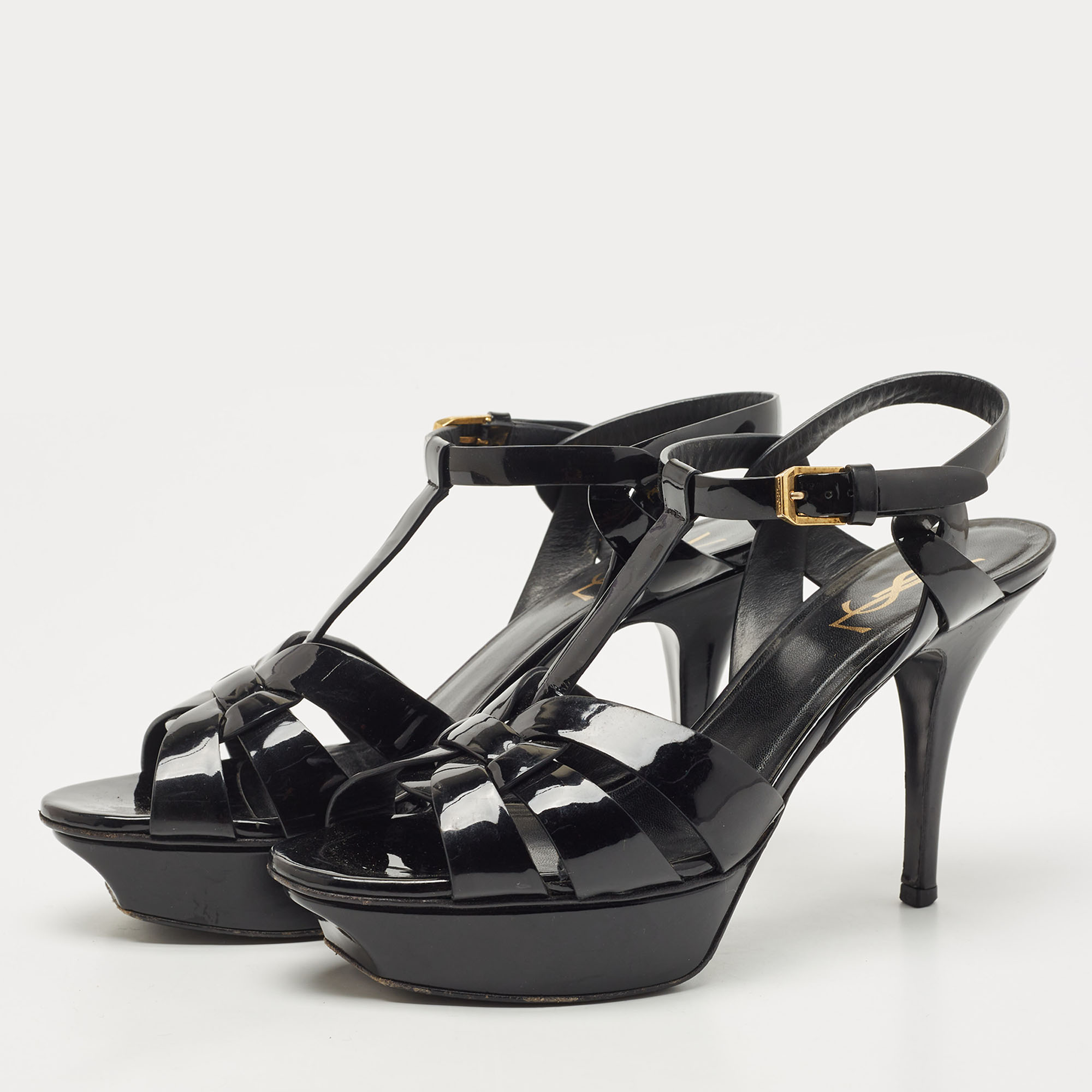 

Saint Laurent Black Patent Leather Tribute Sandals Size