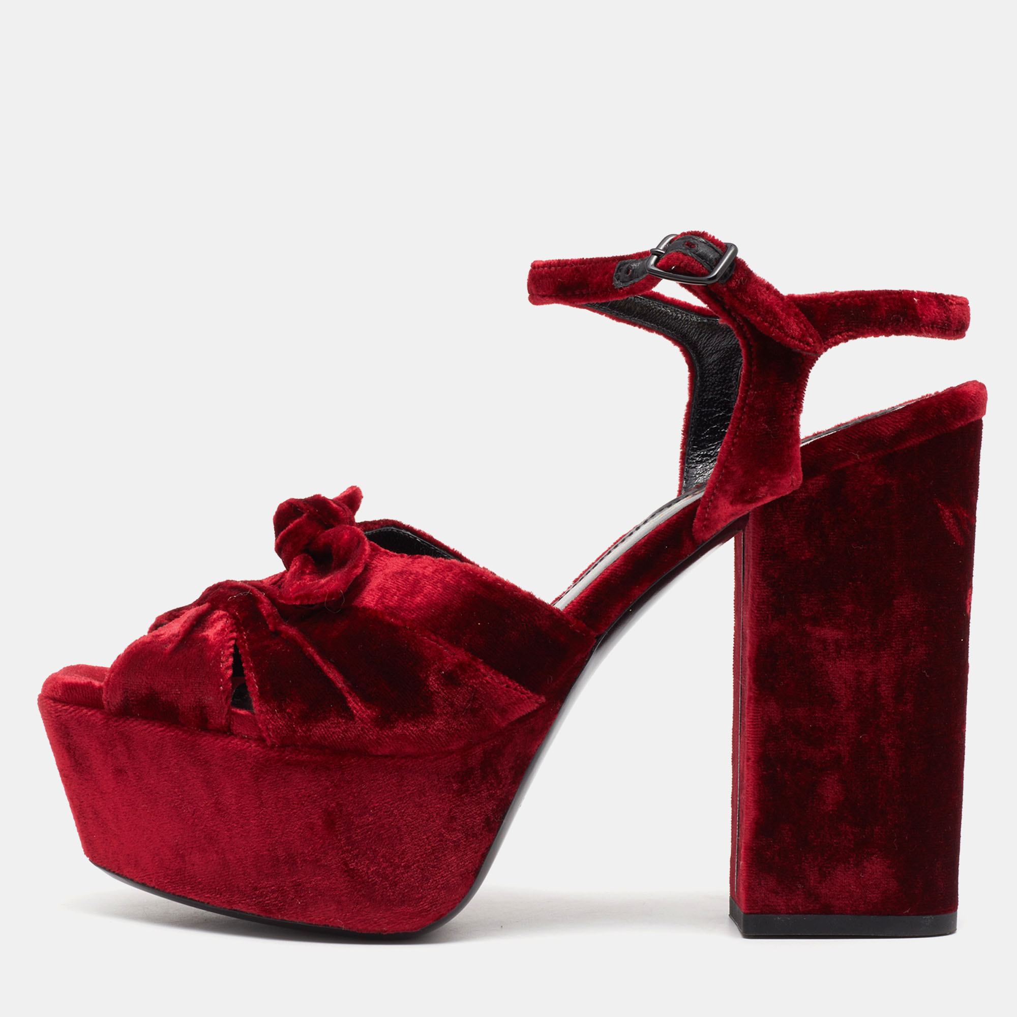 Pre-owned Saint Laurent Red Velvet Candy Bow Sandals Size 36.5
