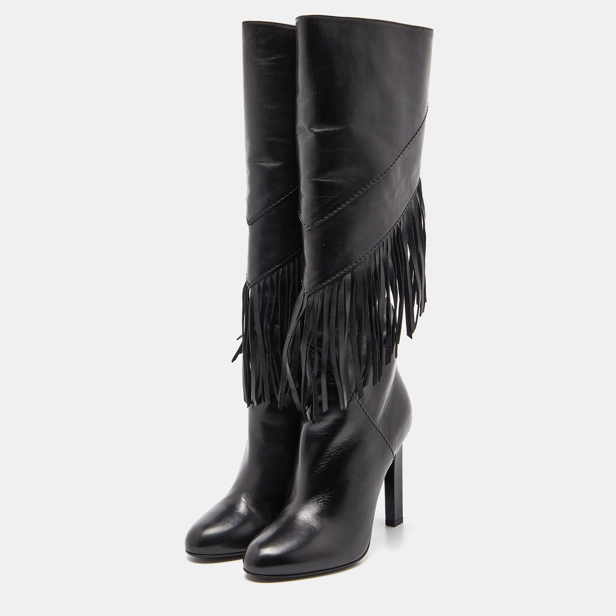 

Saint Laurent Black Leather Fringe Grace Knee Length Boots Size