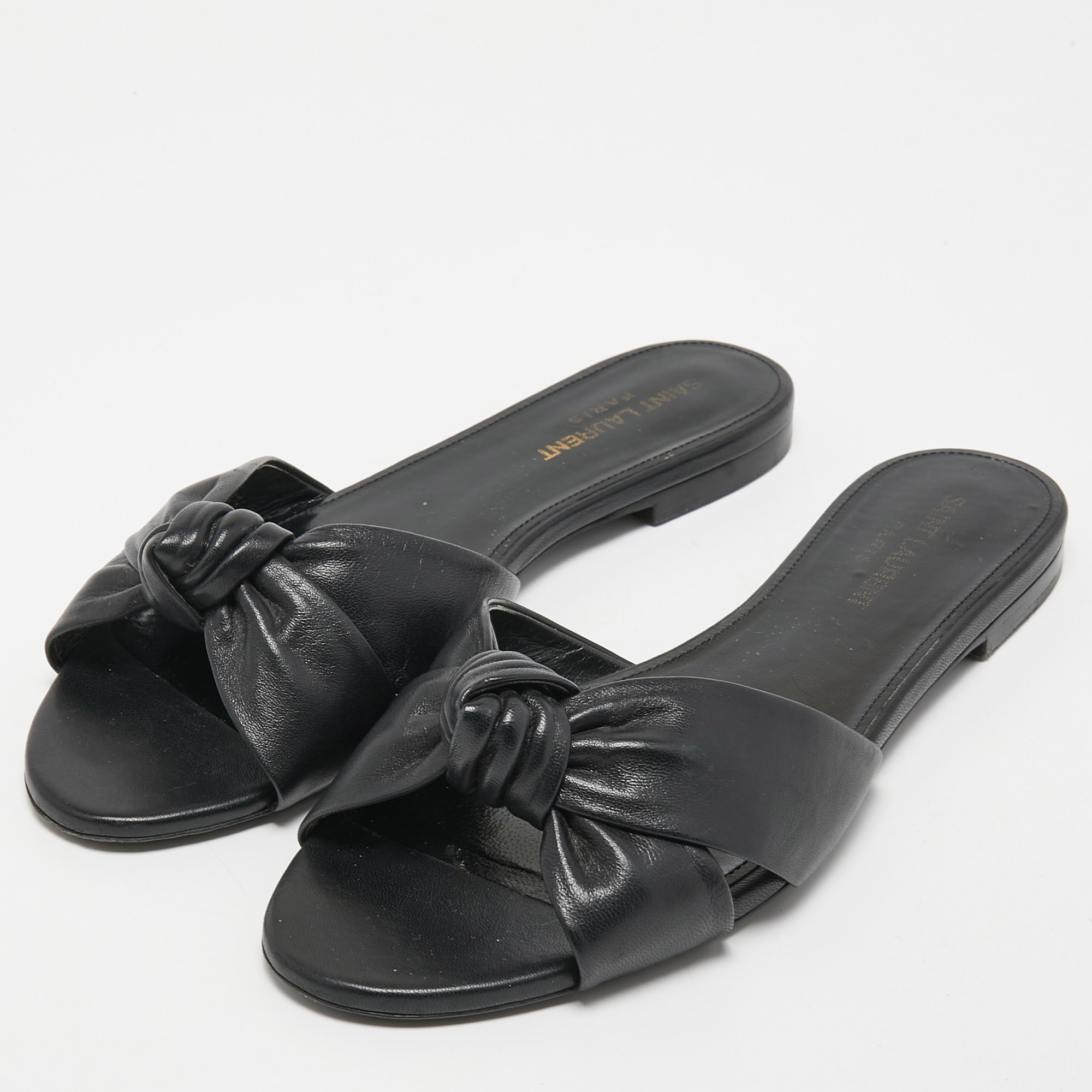 

Saint Laurent Black Leather Bianca Knotted Flat Slides Size