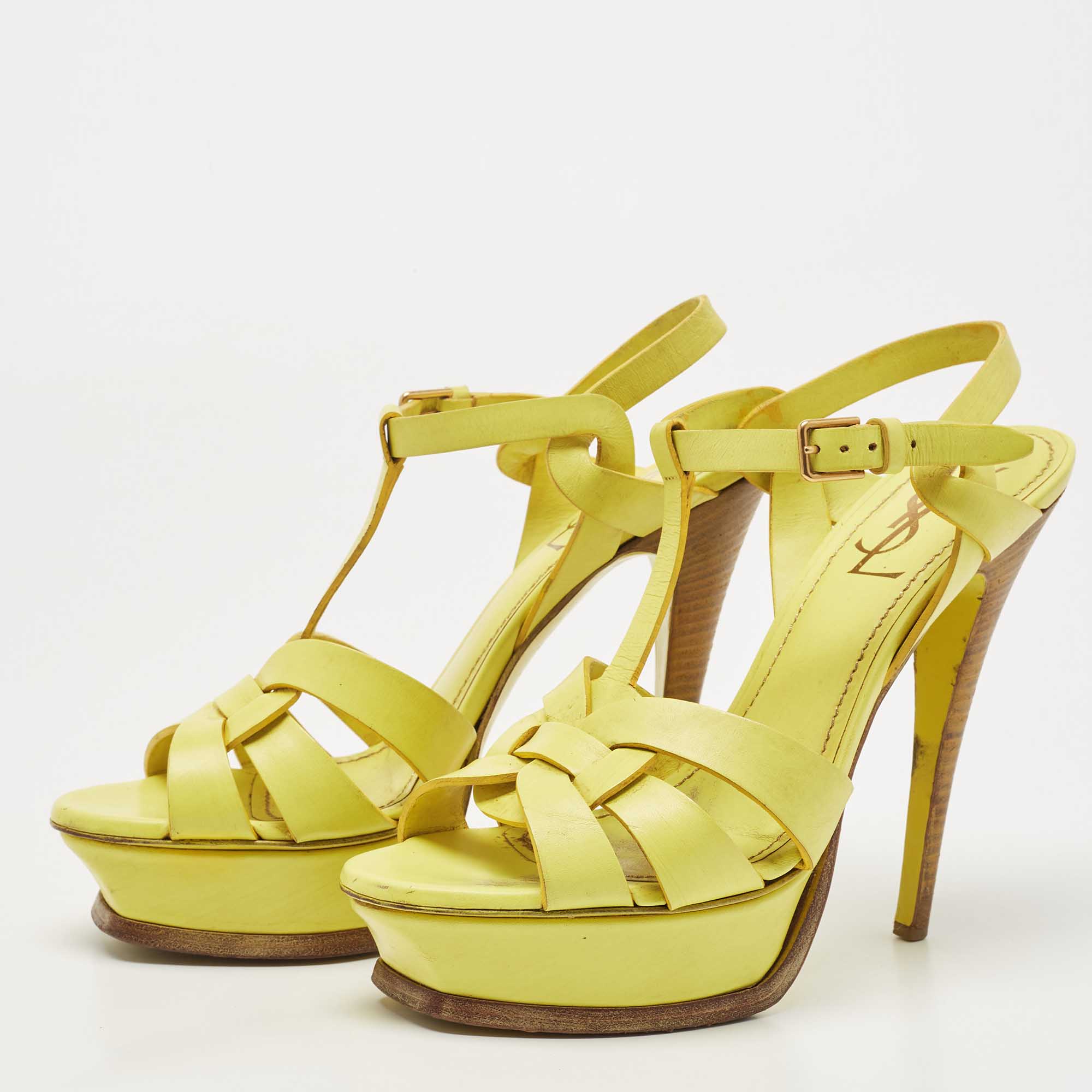 

Saint Laurent Yellow Leather Tribute Ankle Strap Sandals Size