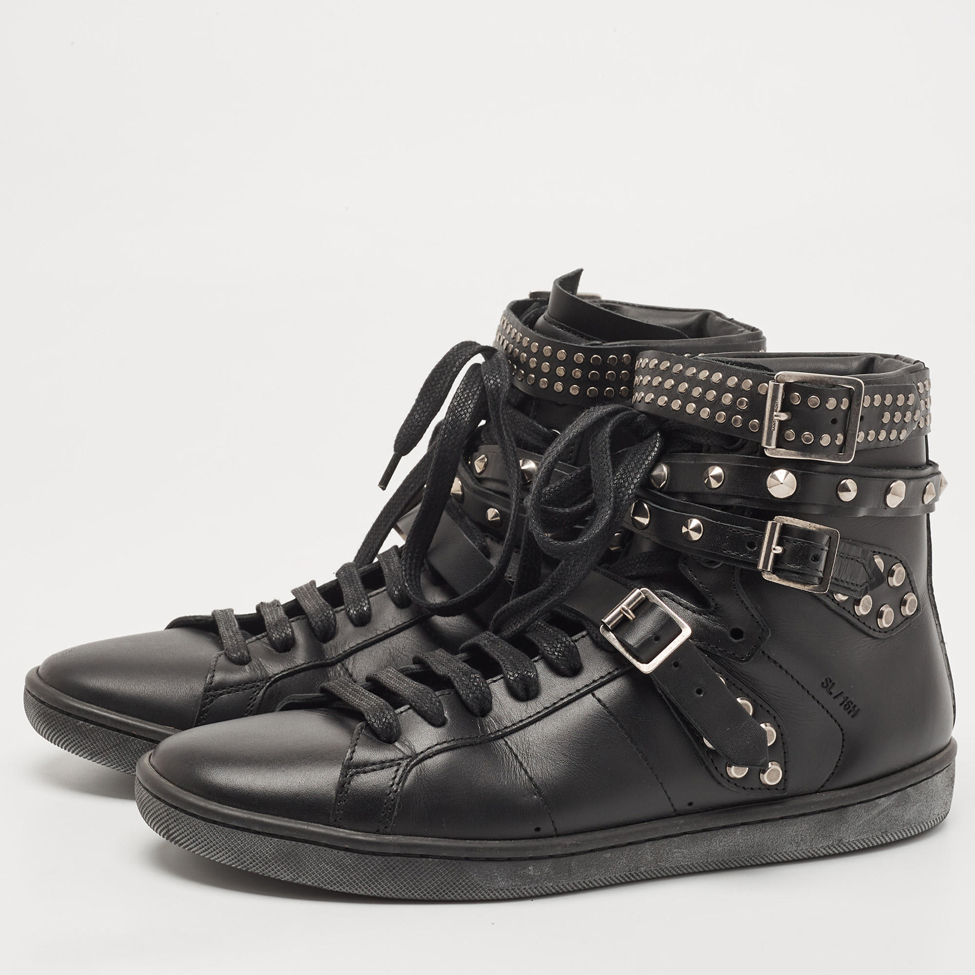 

Saint Laurent Black Leather Studded High Top Sneakers Size