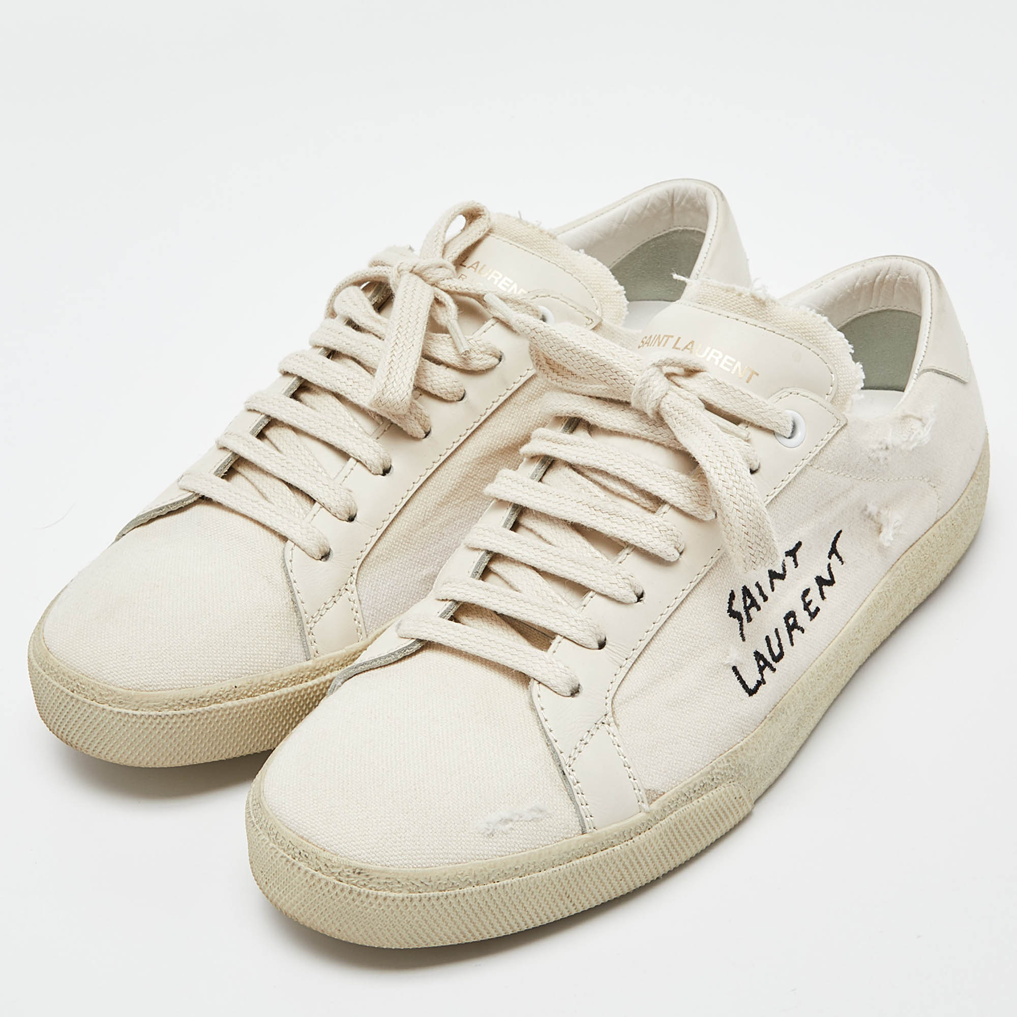 

Saint Laurent Off White Canvas and Leather Court Classic Low Top Sneakers Size