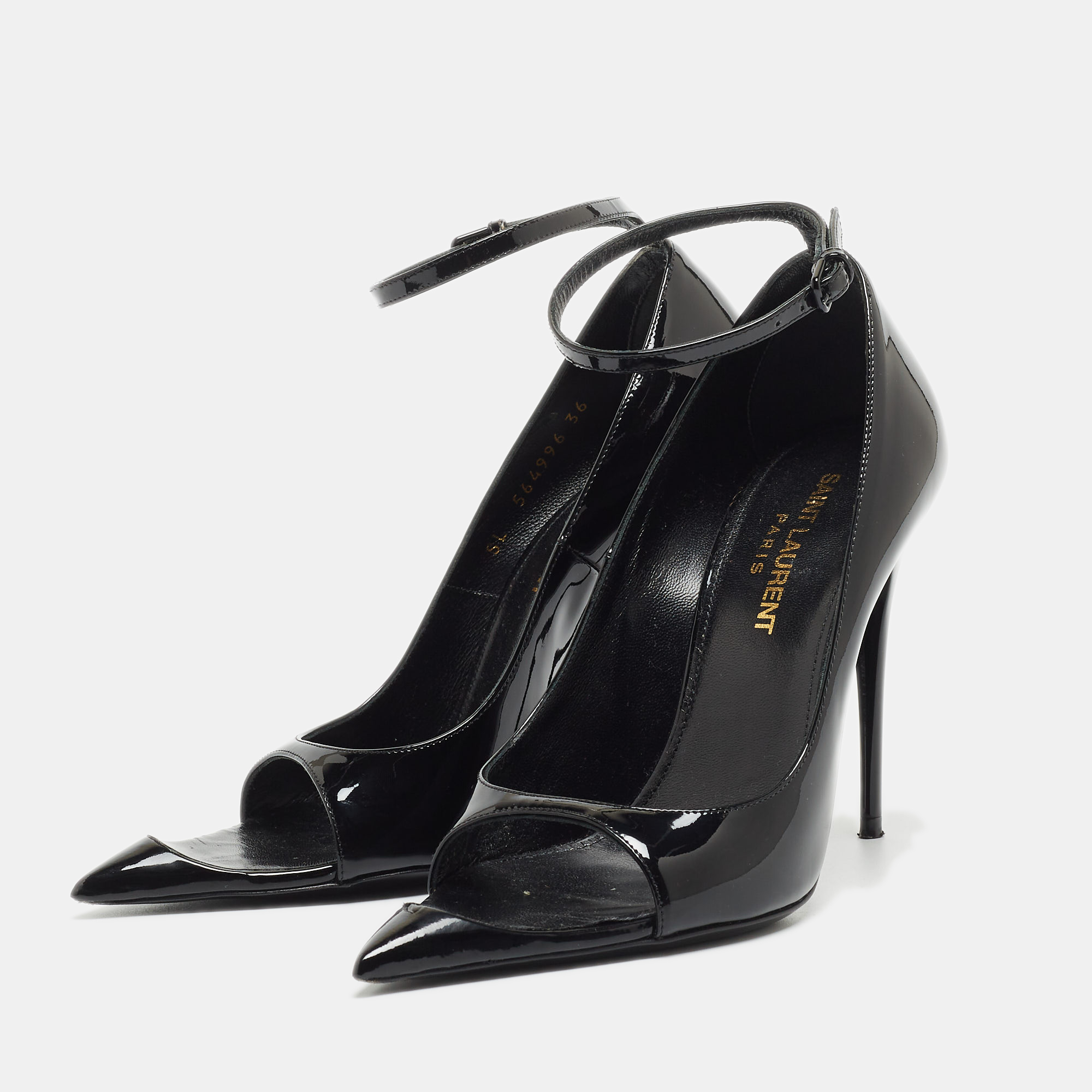 

Saint Laurent Black Patent Leather Open Pointed Toe Ankle Strap Pumps Size