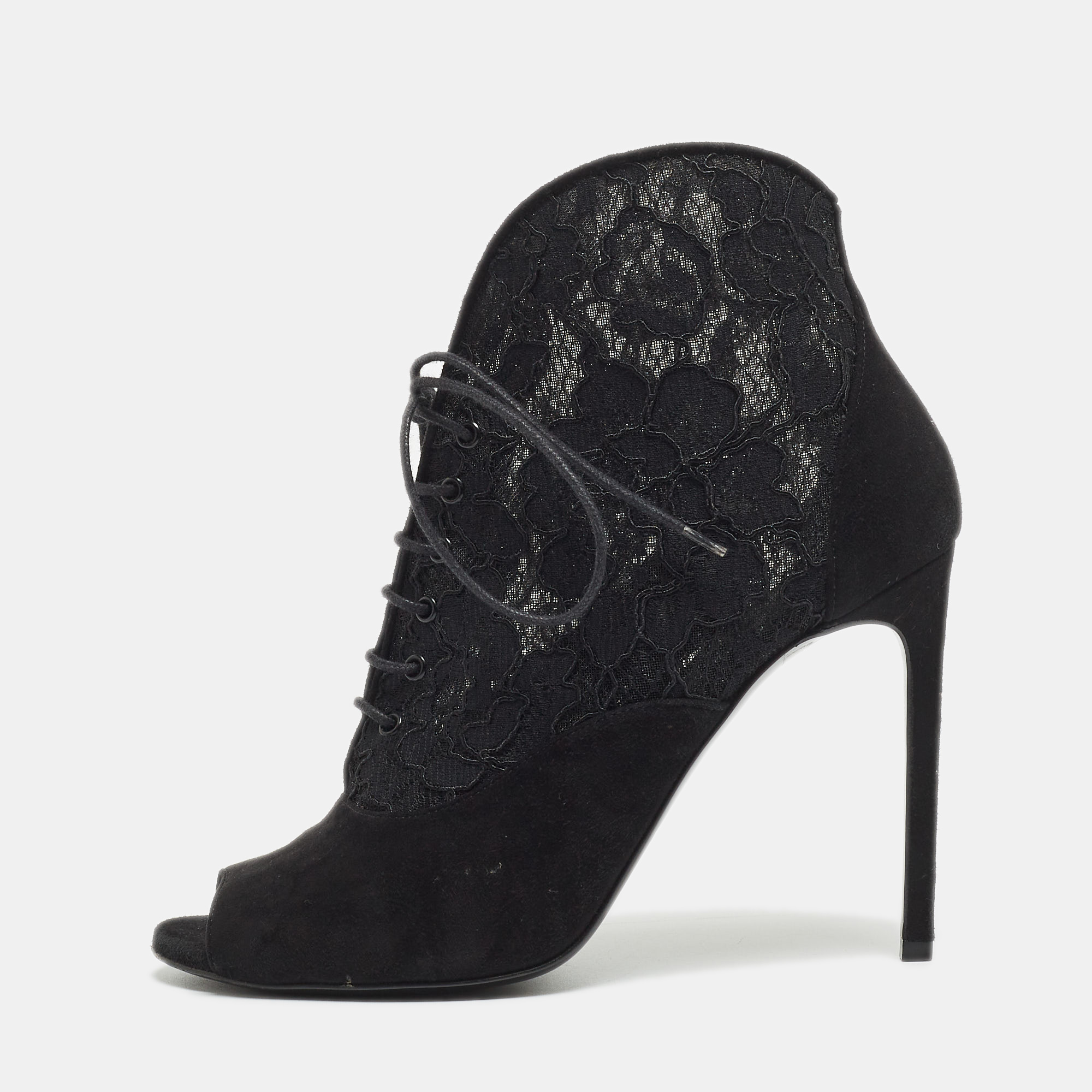 

Saint Laurent Black Suede and Lace Open Toe Ankle Booties Size