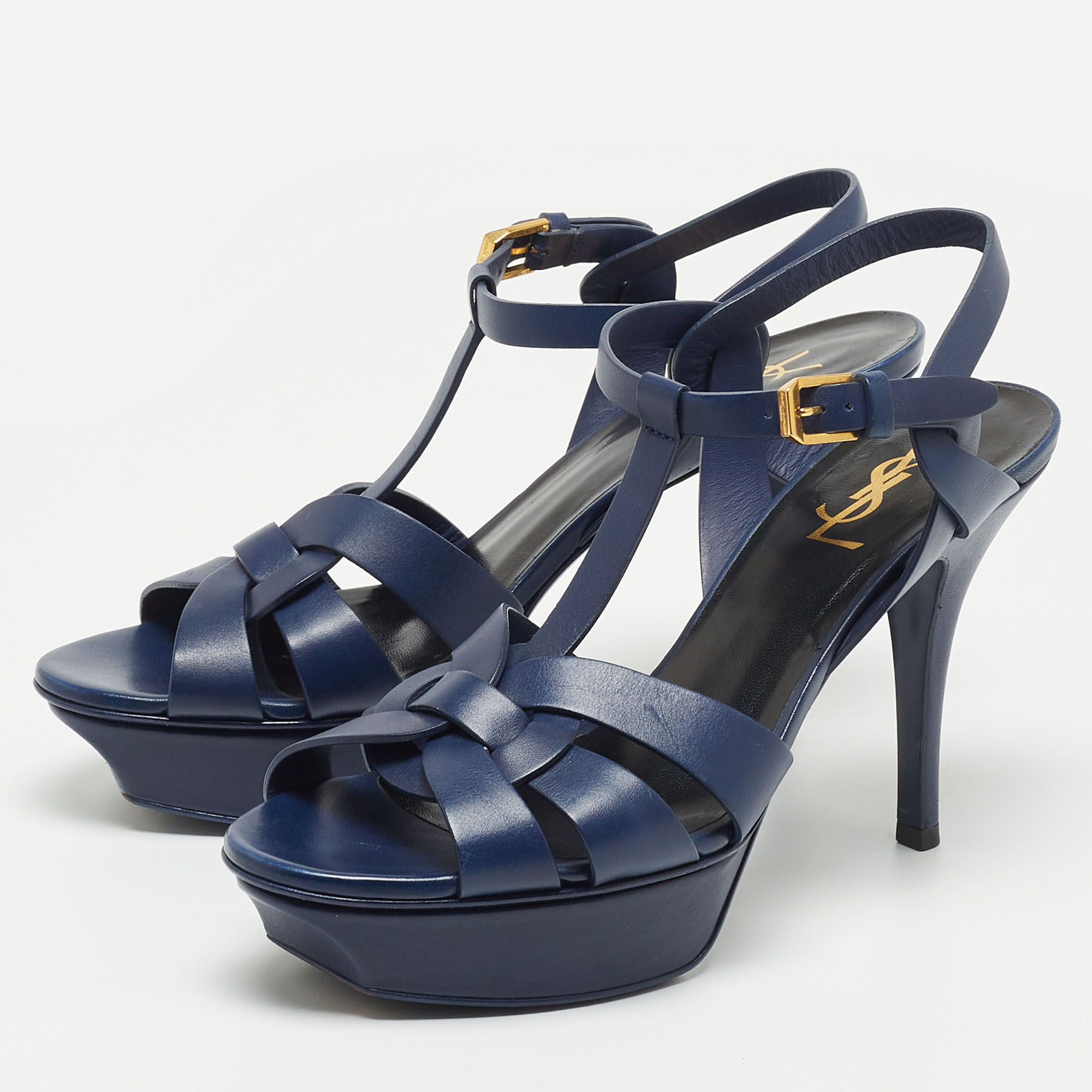 

Saint Laurent Paris Navy Blue Leather Tribute Platform Ankle Strap Sandals Size