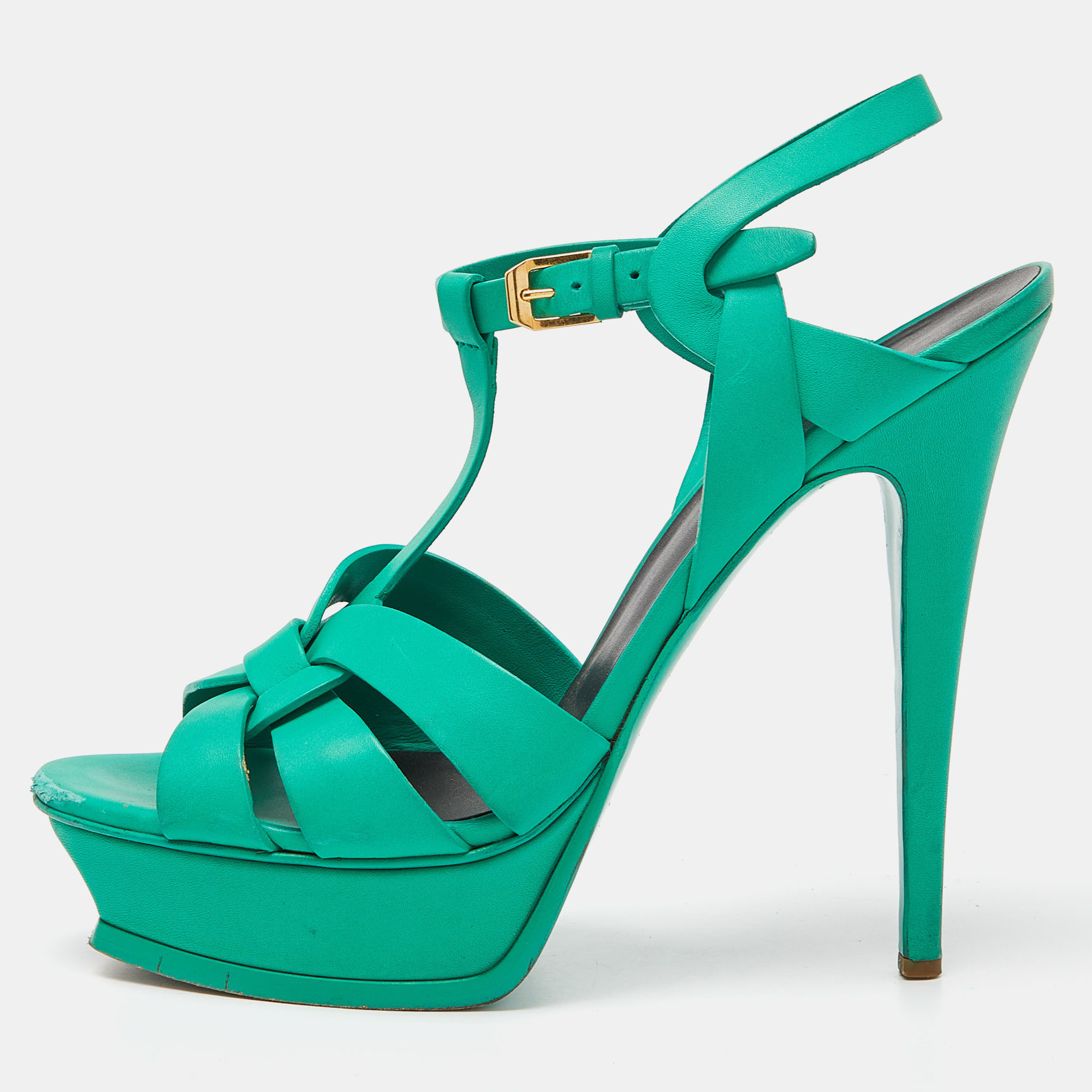 Pre-owned Saint Laurent Green Leather Tribute Sandals Size 40