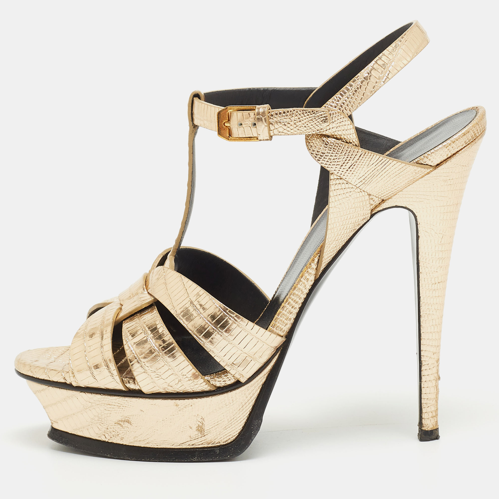 

Saint Laurent Gold Lizard Embossed Leather Tribute Ankle Strap Sandals Size