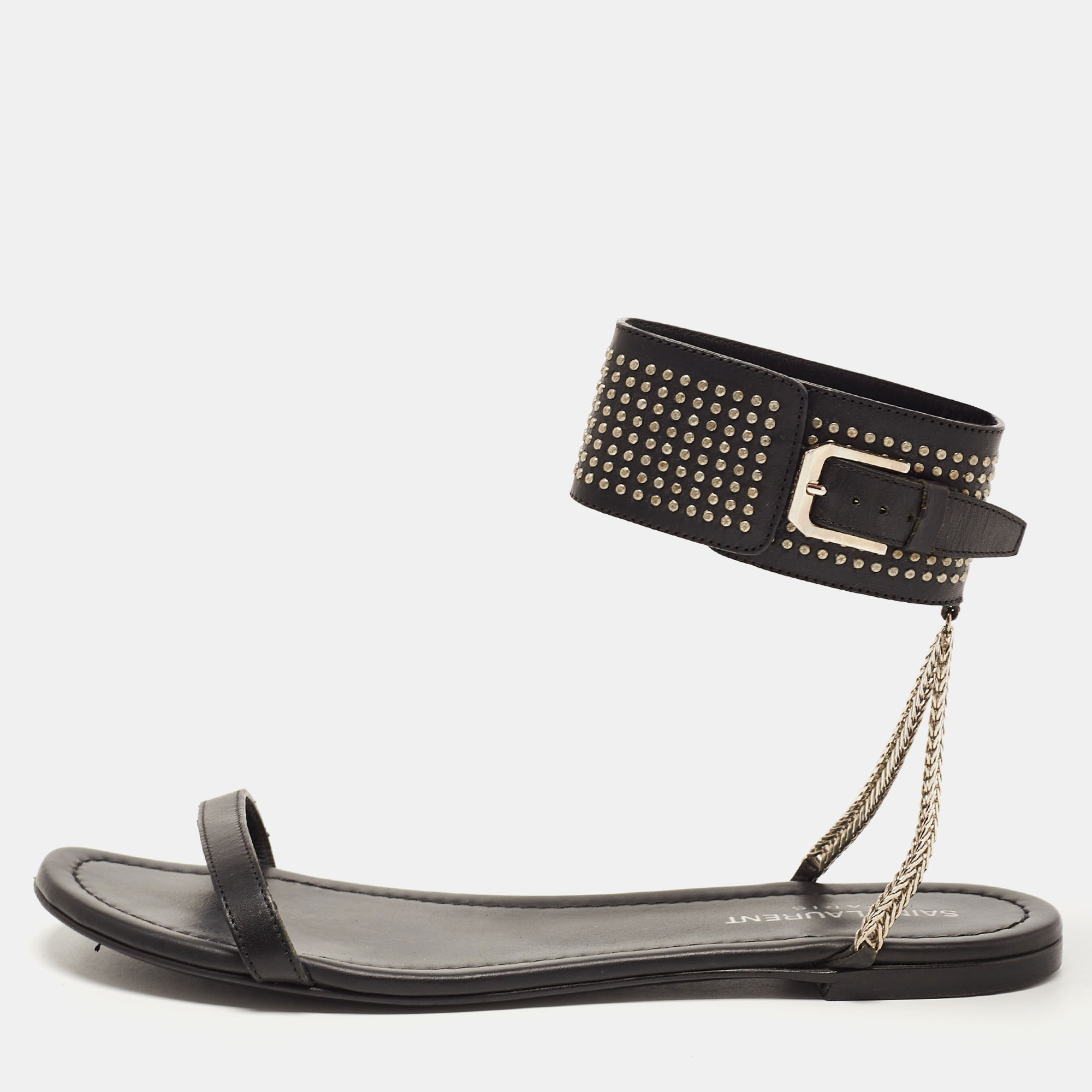 

Saint Laurent Black Leather Studded Ankle Cuff Flat Sandals Size