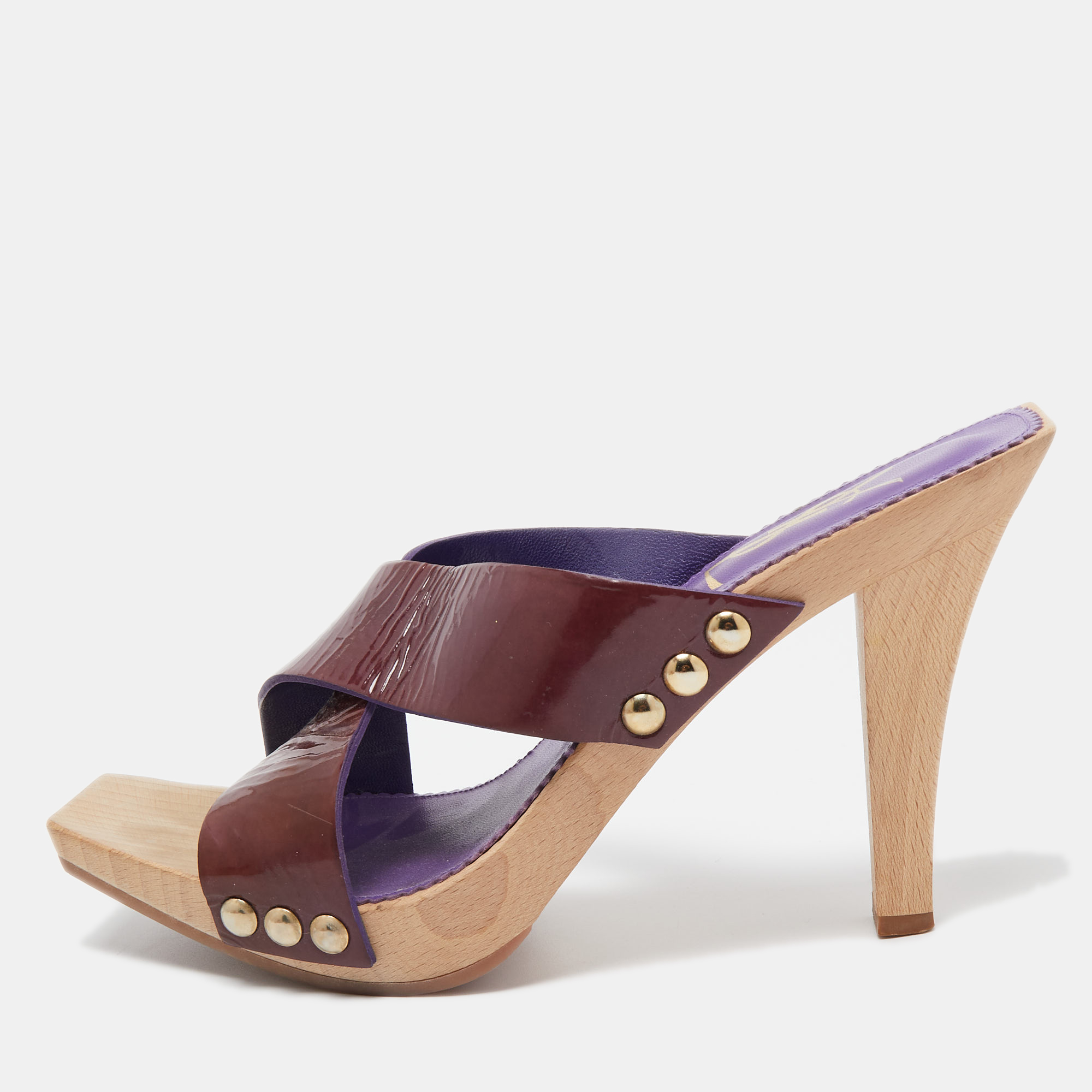 Pre-owned Saint Laurent Purple Patent Leather Slide Sandals Size 38