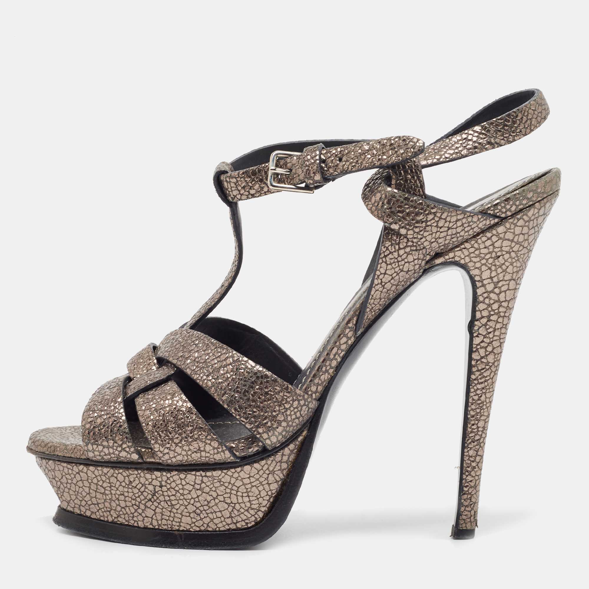 Pre-owned Saint Laurent Metallic Grey Laminated Suede Tribute Sandals Size 37