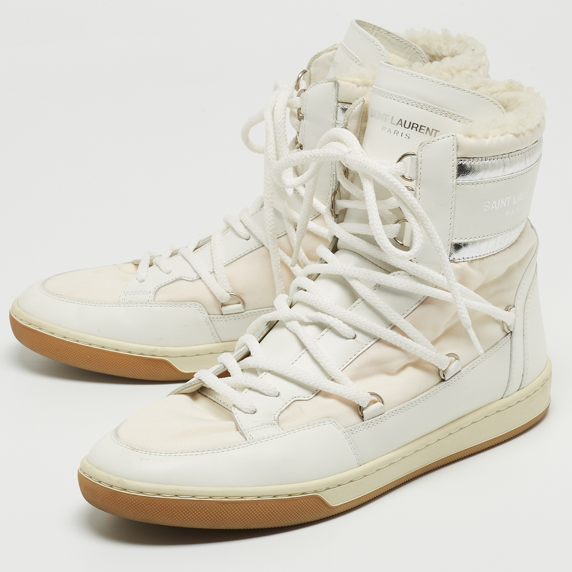 

Saint Laurent White/Silver Leather and Nylon Ski High Top Sneakers Size