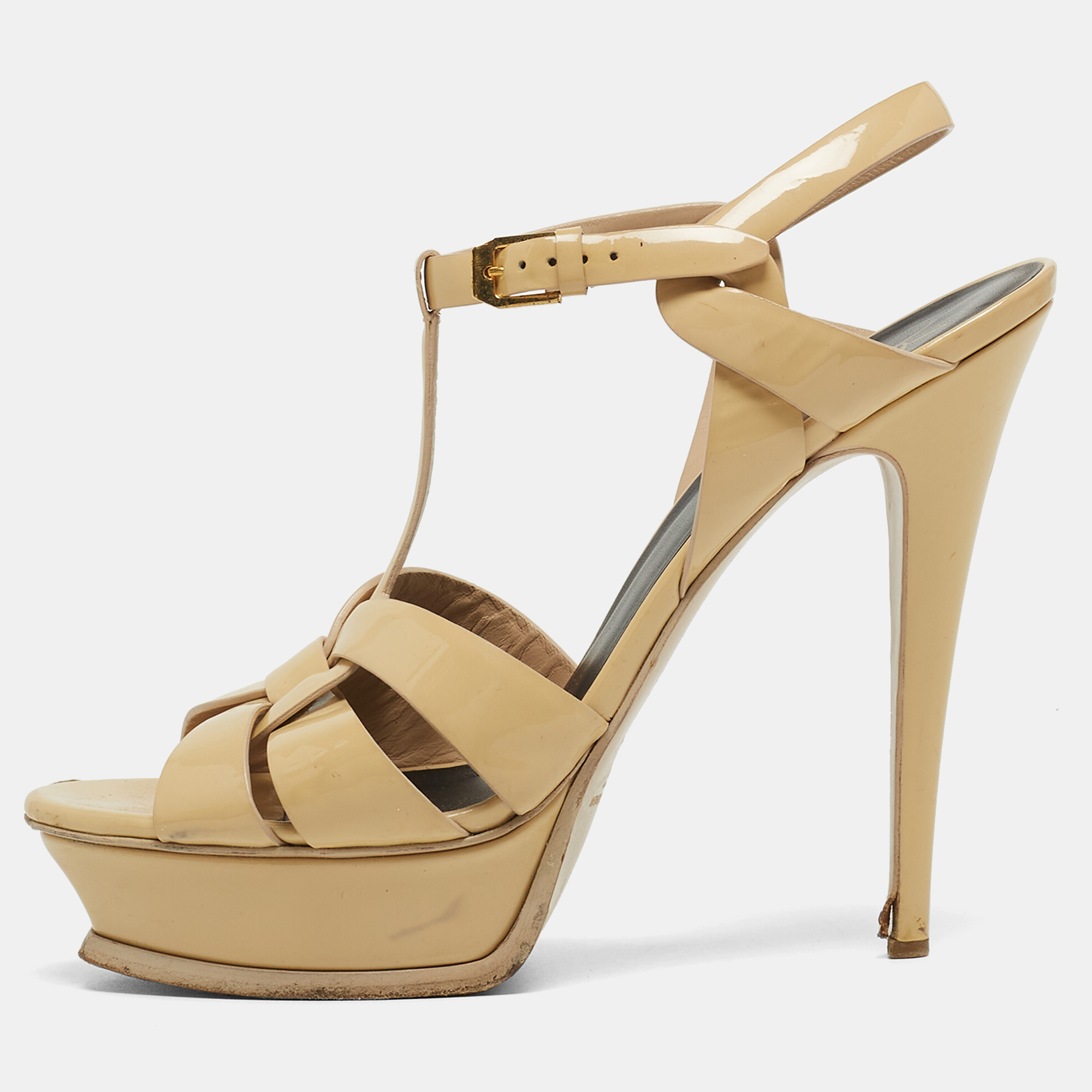 Pre-owned Saint Laurent Beige Patent Tribute Ankle Sandals Size 40.5