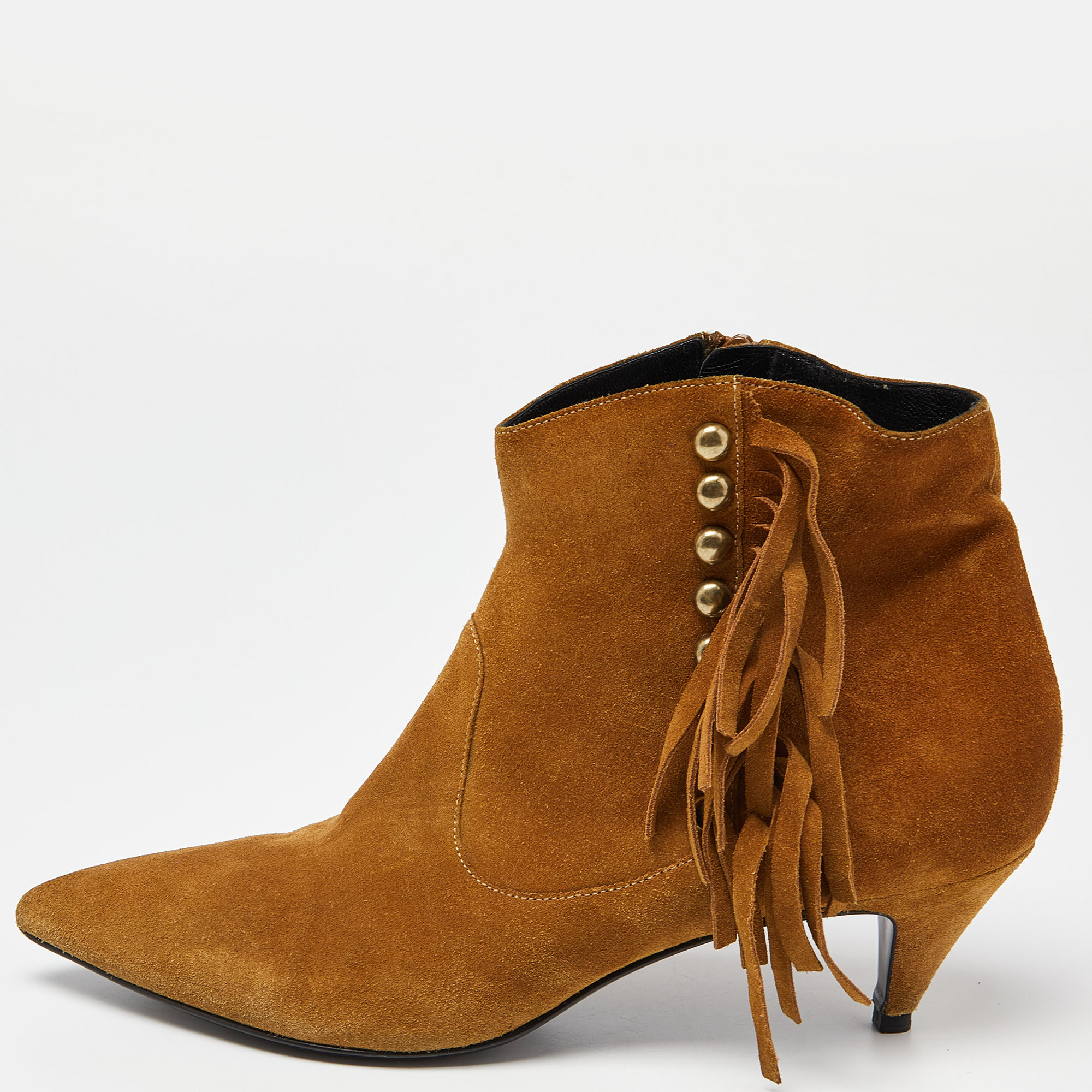 

Saint Laurent Brown Suede Pointed Toe Fringe Ankle Boots Size