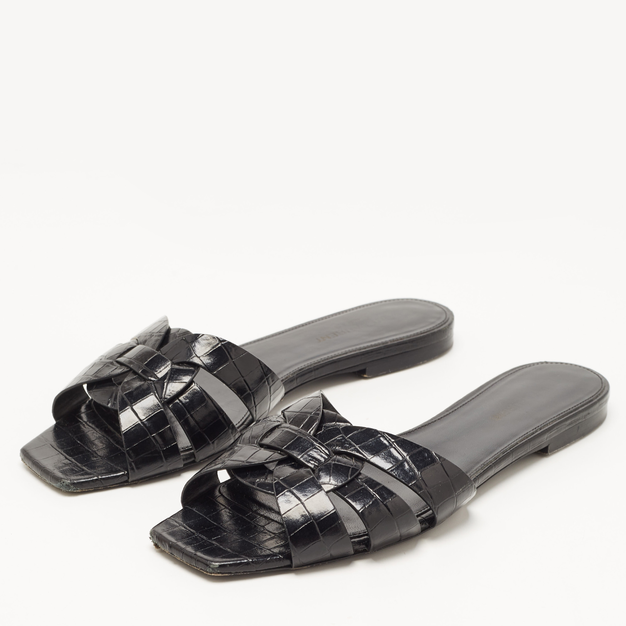 

Saint Laurent Black Croc Embossed Leather Tribute Flat Slides Size