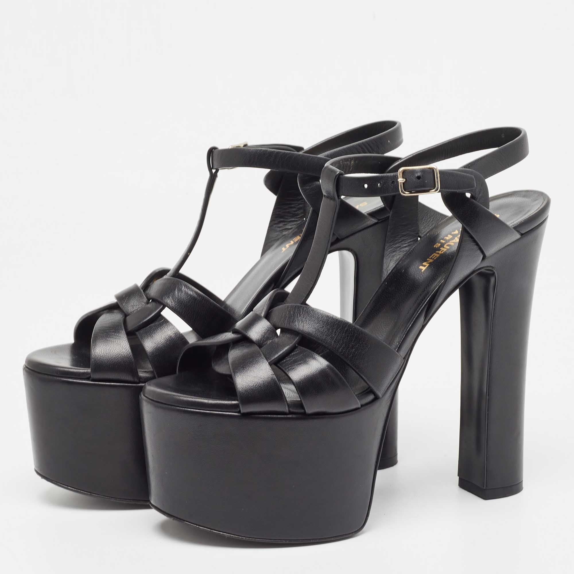 

Saint Laurent Black Leather Platform Block Heel Ankle Strap Tribute Sandals Size