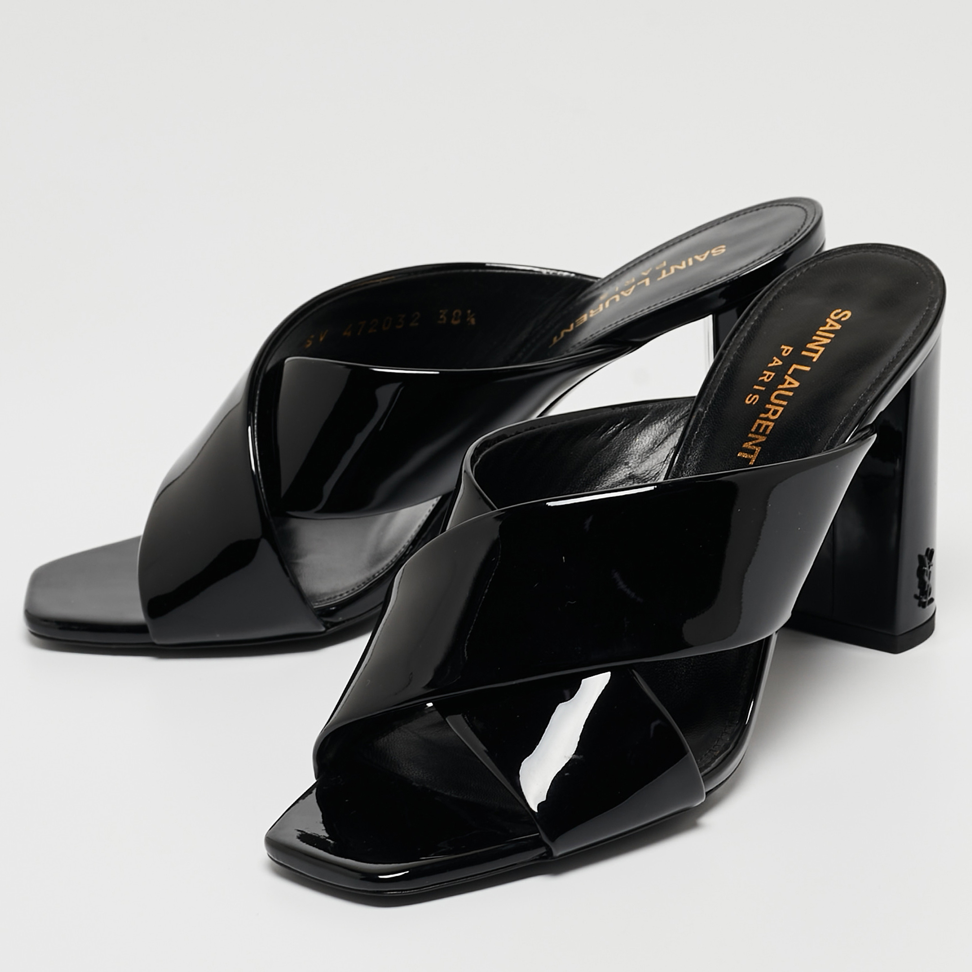 

Saint Laurent Paris Black Patent Leather Loulou Criss Cross Slide Sandals Size