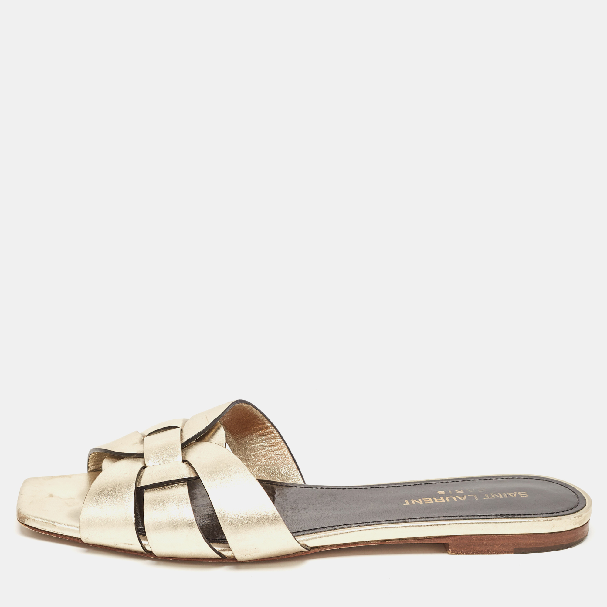 Pre Owned Saint Laurent Gold Leather Tribute Flat Slides Size 38