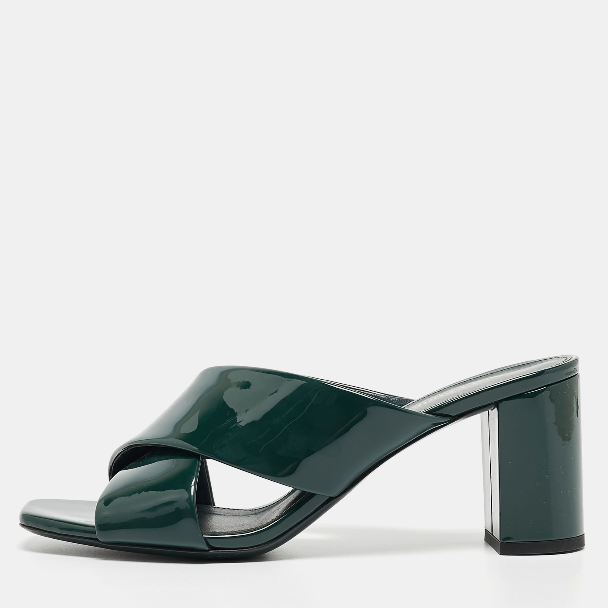 Pre-owned Saint Laurent Green Patent Loulou Slide Sandals Size 39