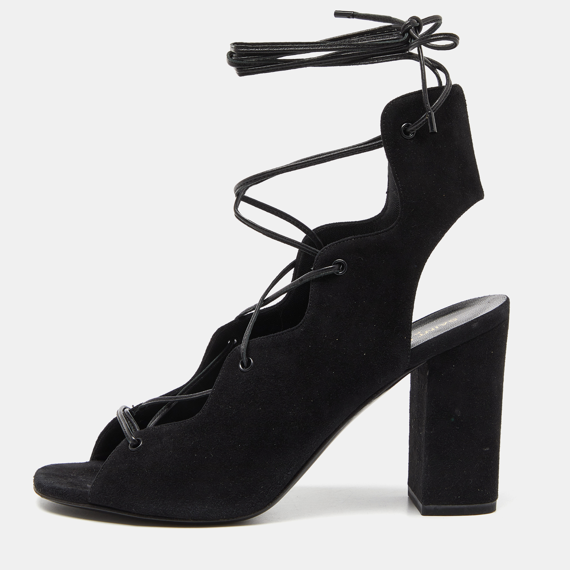 Pre-owned Saint Laurent Black Suede Lace Up Block Heel Sandals Size 38