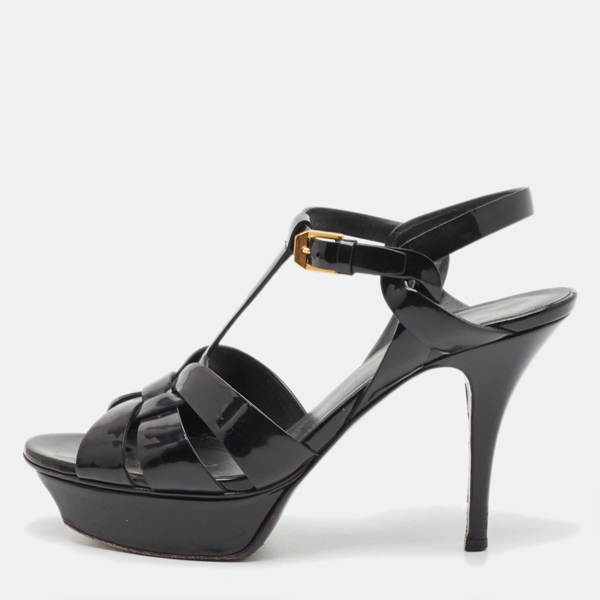 Pre-owned Saint Laurent Black Patent Leather Tribute Sandals Size 37.5