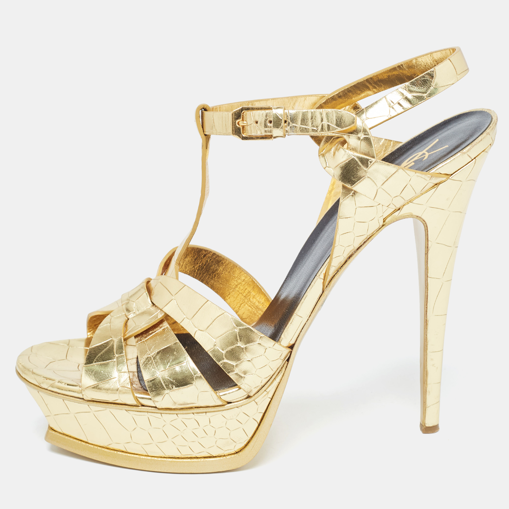 Pre-owned Saint Laurent Gold Croc Embossed Leather Tribute Sandals Size 41