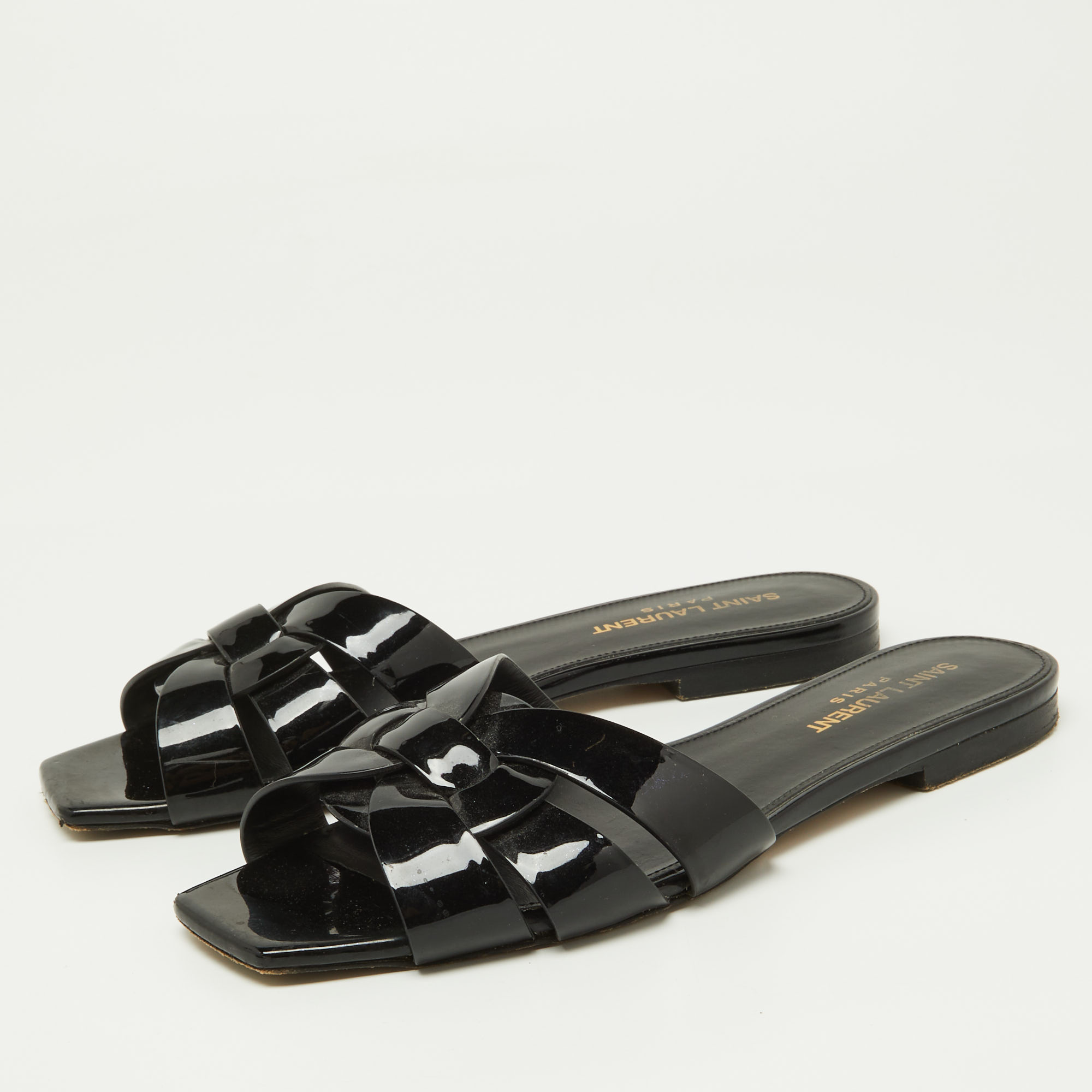 

Saint Laurent Black Patent Leather Tribute Flat Slides Size