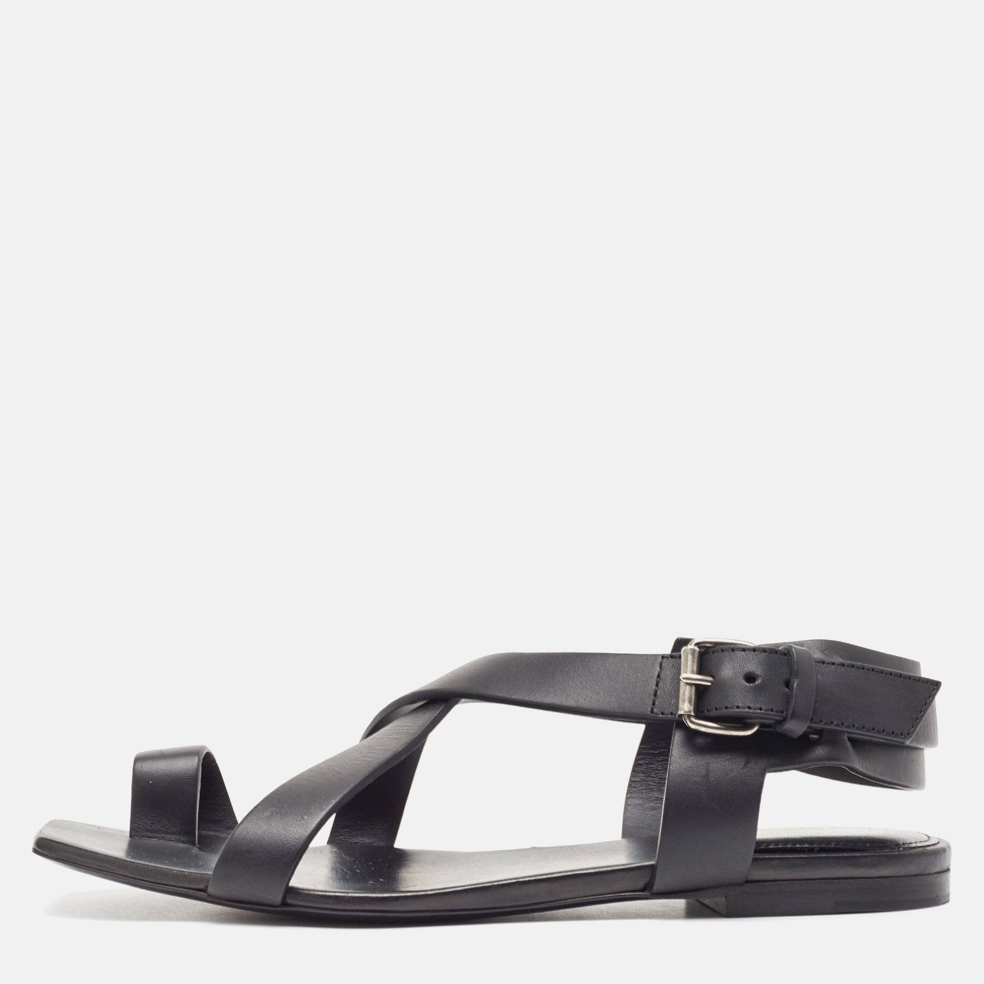 

Saint Laurent Black Leather Toe Ring Slingback Flat Sandals Size