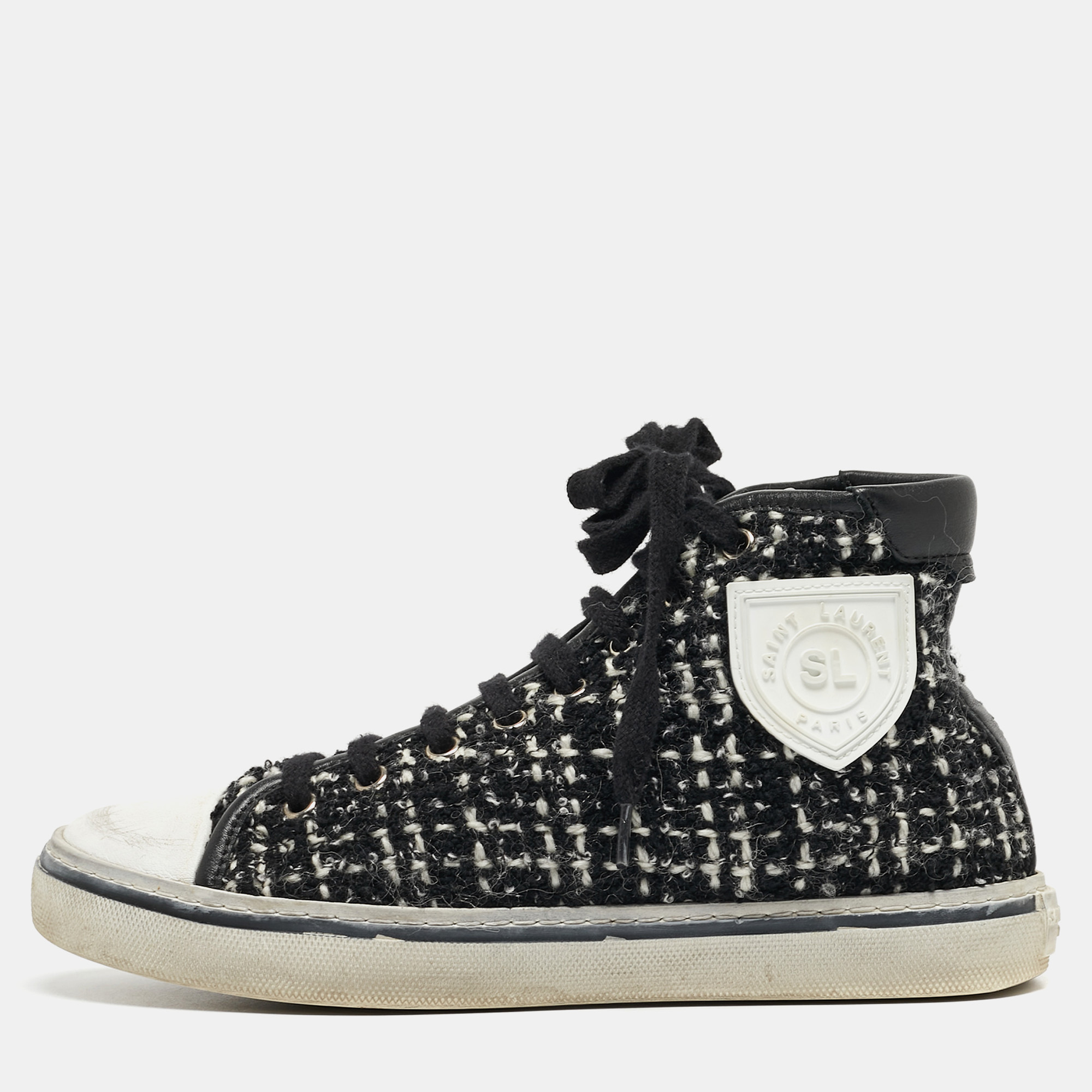 

Saint Laurent White/Black Tweed and Leather Bedford High Sneakers Size