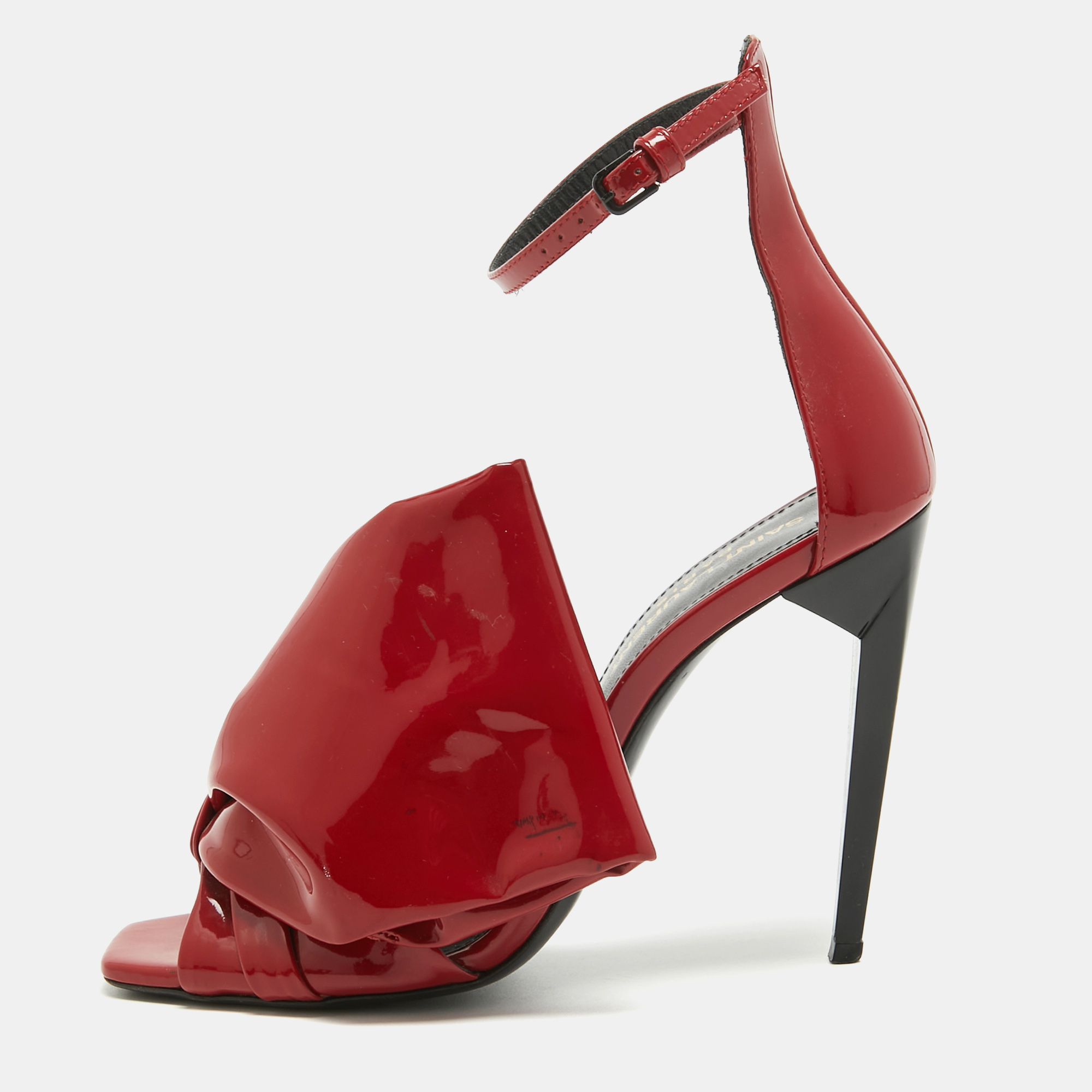 Pre-owned Saint Laurent Red Patent Leather Freja Bow Sandals Size 36