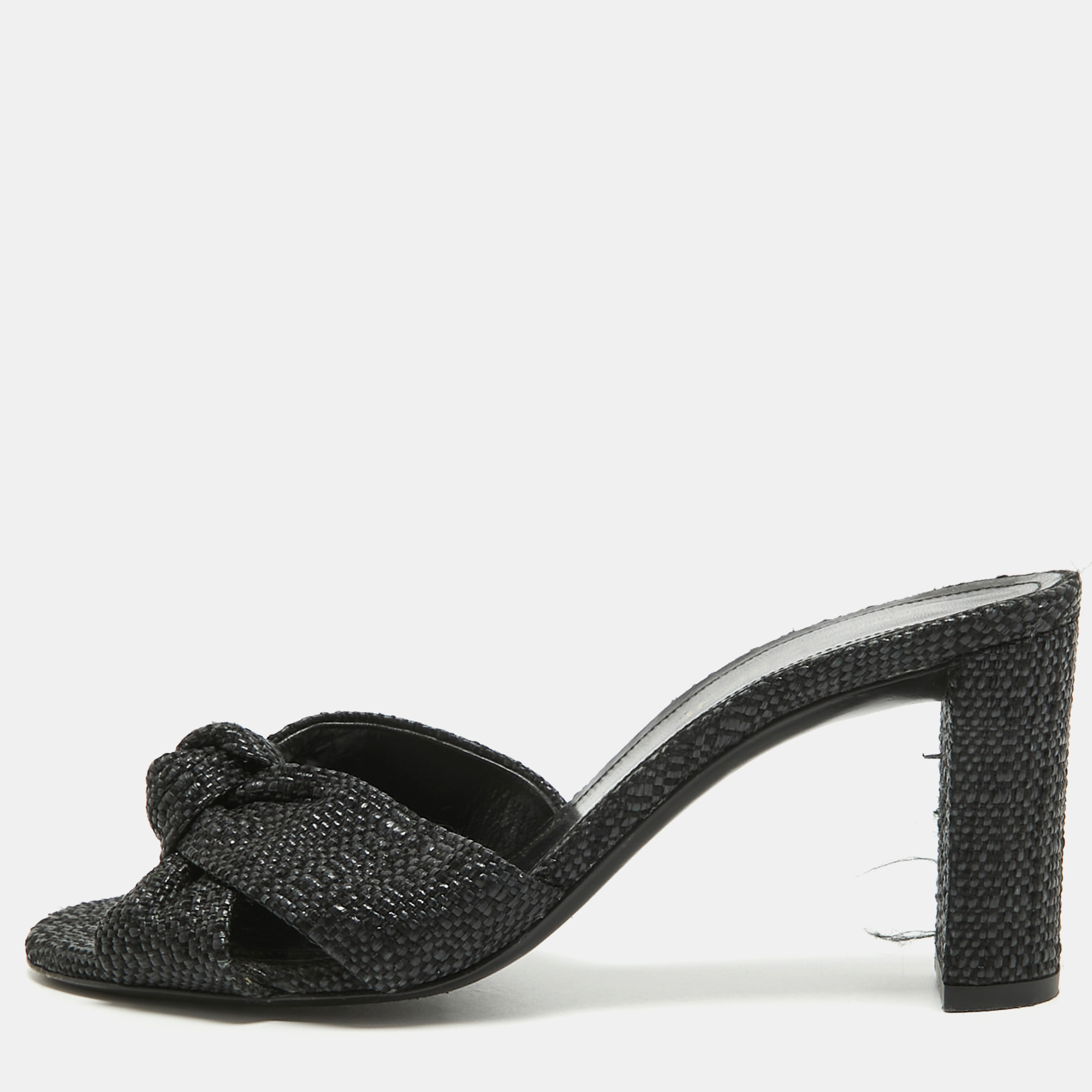 Pre-owned Saint Laurent Black Raffia Loulou Slide Sandals Size 36