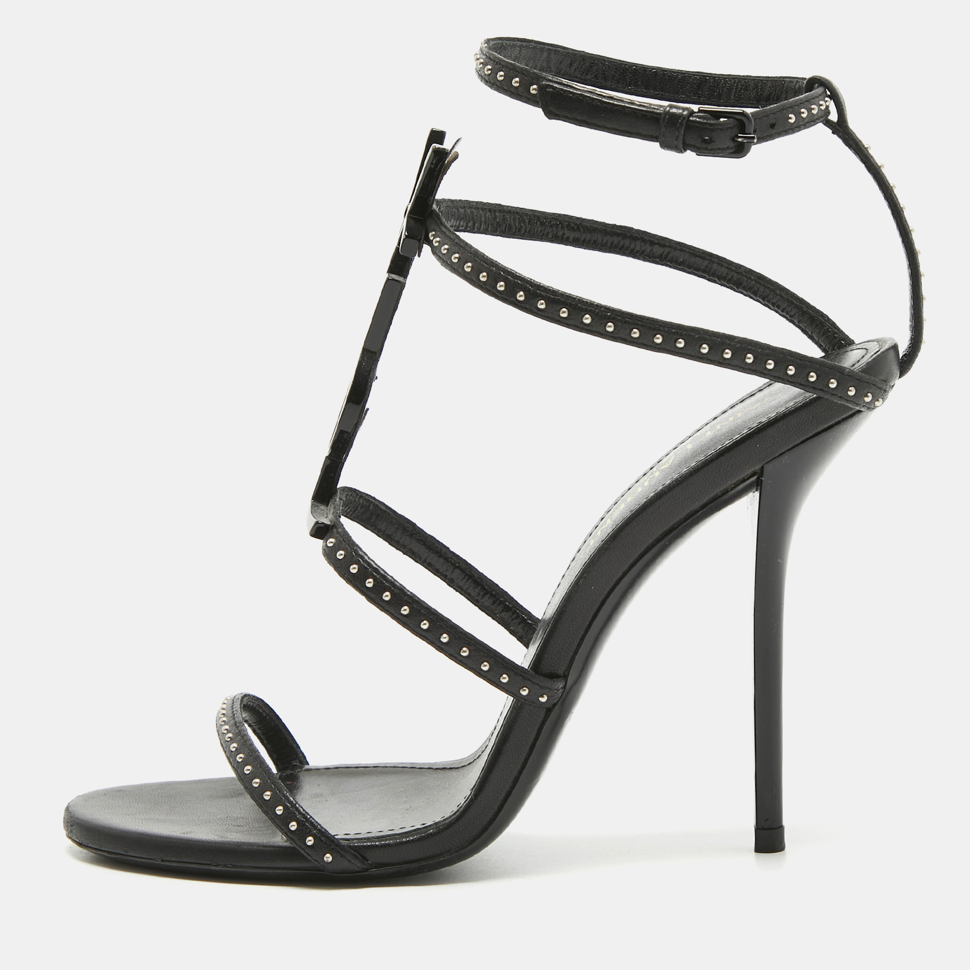 

Saint Laurent Black Studded Leather Cassandra Ankle Strap Sandals Size