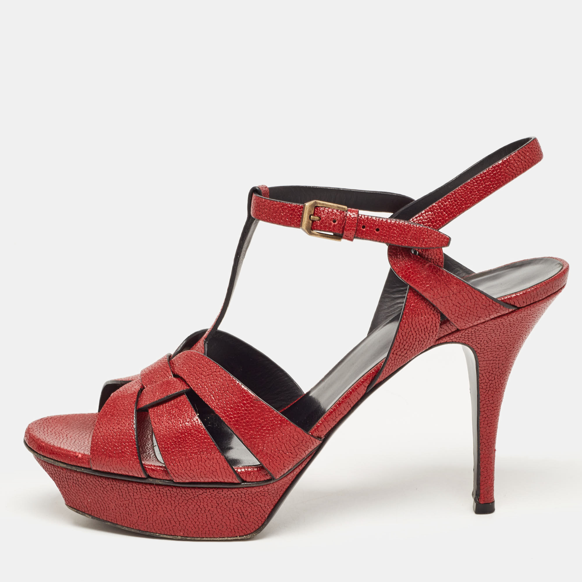Pre-owned Saint Laurent Red Textured Leather Tribute Platform Ankle Strap Sandals Size 41