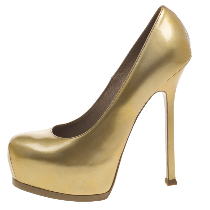 

Saint Laurent Paris Gold Patent Leather Tribtoo Platform Pumps Size