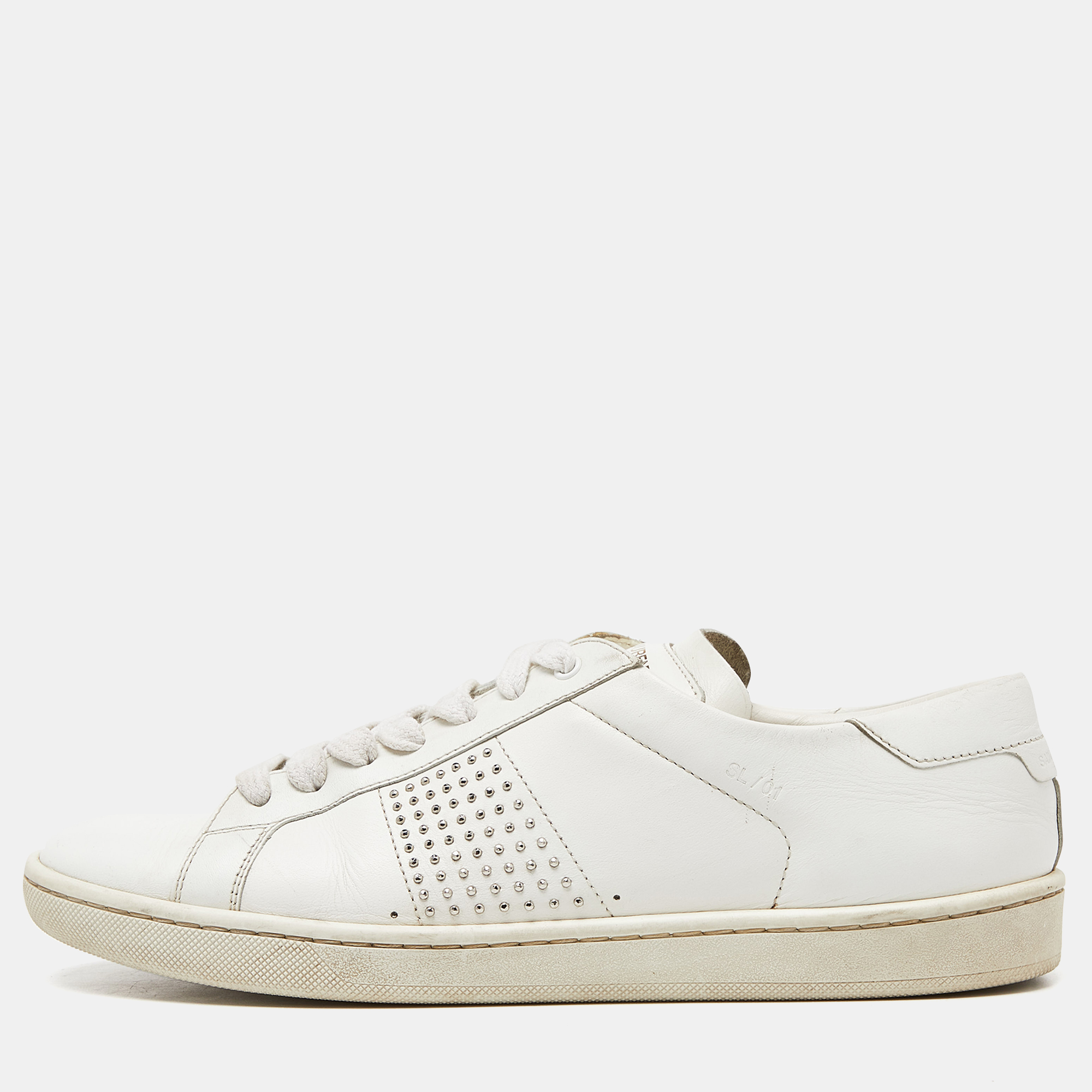 Pre-owned Saint Laurent White Leather Crystal Embellished Low Top Sneakers Size 38.5