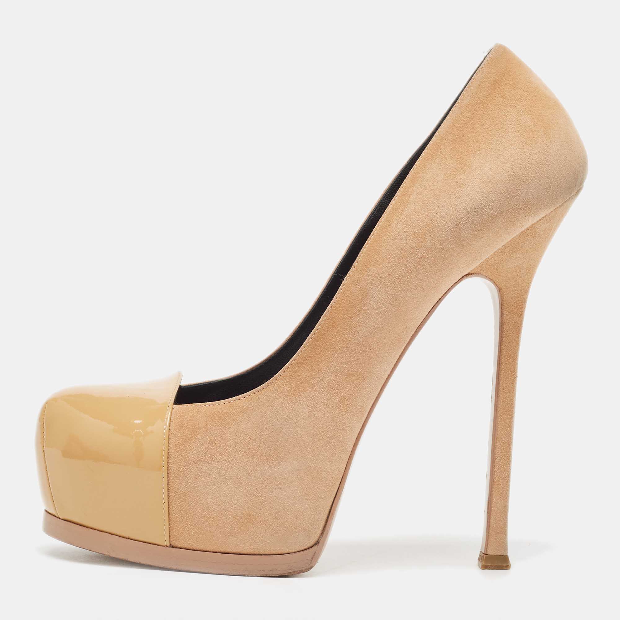 Pre-owned Saint Laurent Beige Suede And Patent Tribtoo Pumps Size 39.5