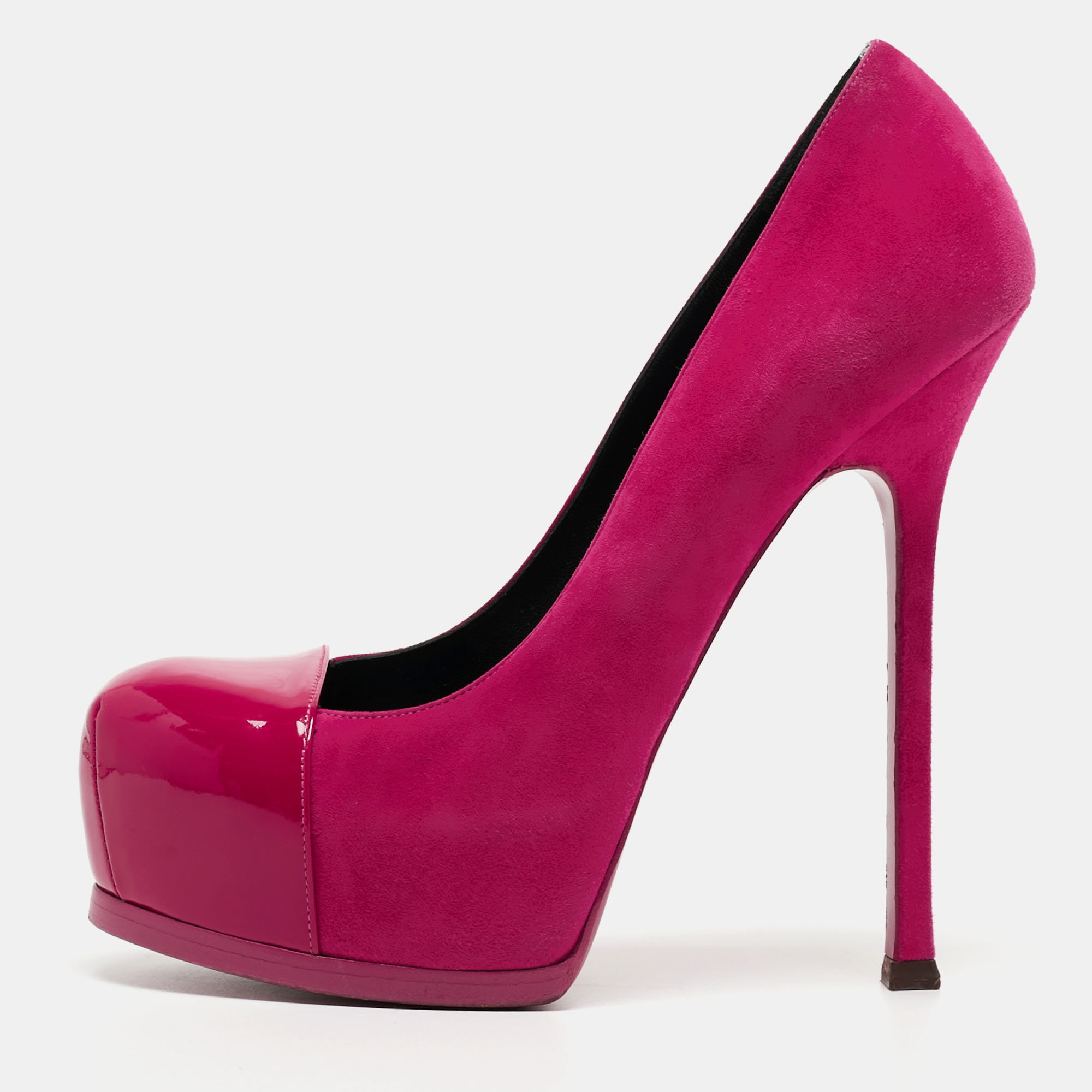 Pre-owned Saint Laurent Pink Suede And Patent Leather Tribtoo Platform Pumps Size 39.5