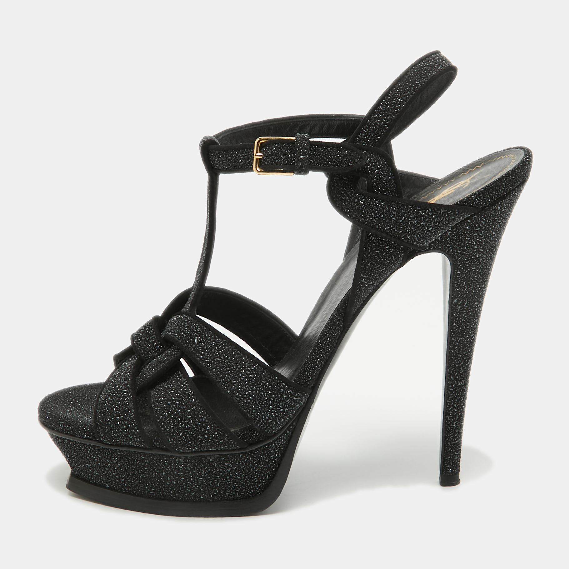 Pre-owned Saint Laurent Black Textured Suede Tribute Ankle Strap Sandals Size 40.5
