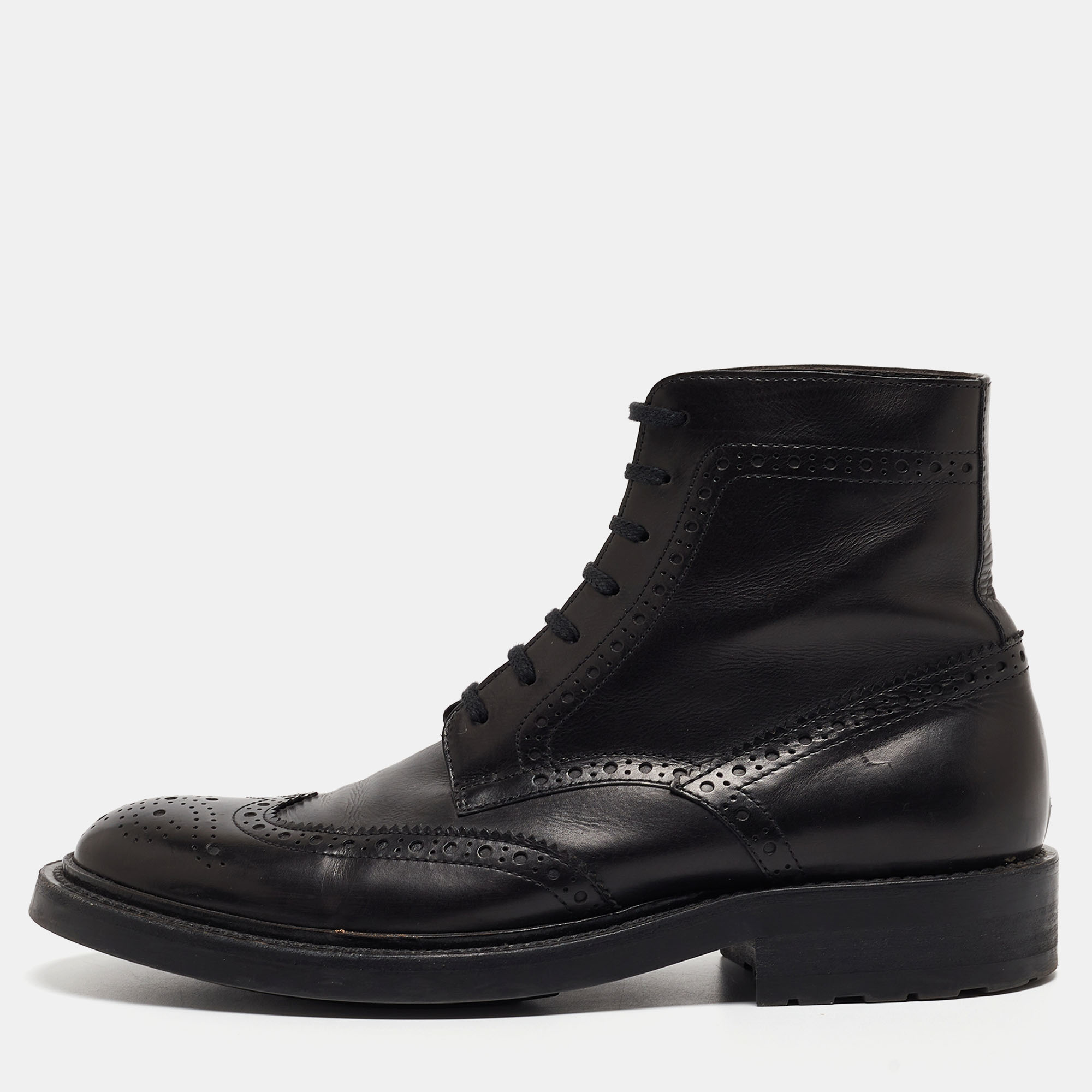 Pre-owned Saint Laurent Black Brogue Leather Ankle Boots Size 38
