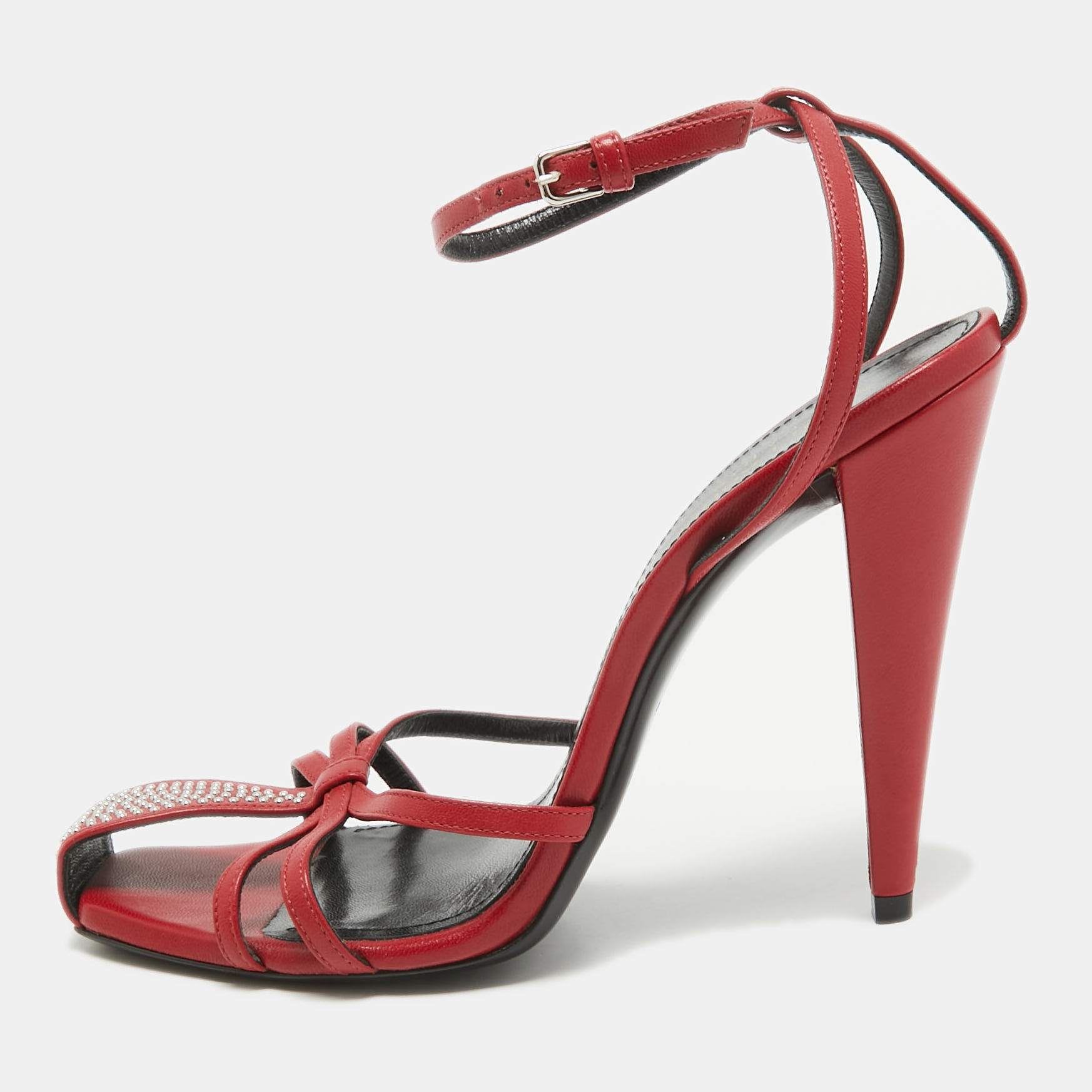 Pre-owned Saint Laurent Red Leather Studded Ankle Strap Sandals Size 38