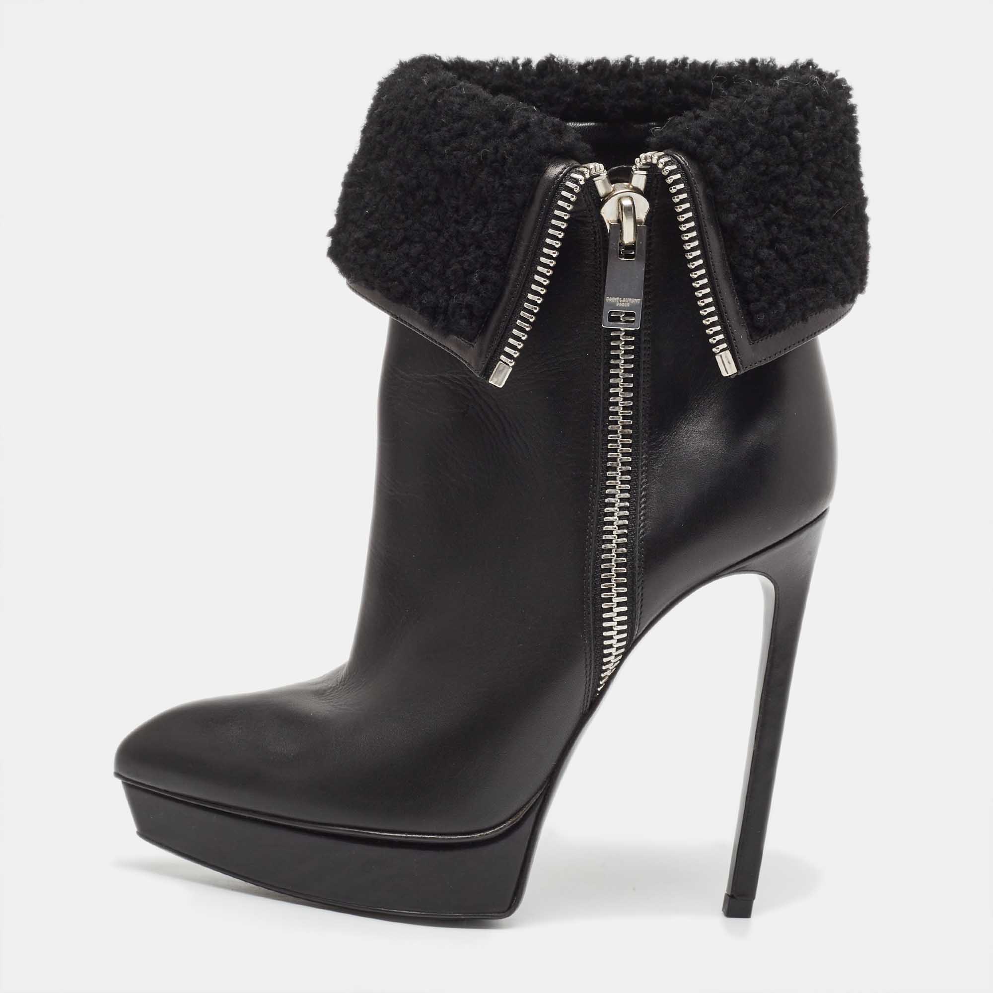 Pre-owned Saint Laurent Black Leather And Shearling Fur Ankle Boots Size 37.5
