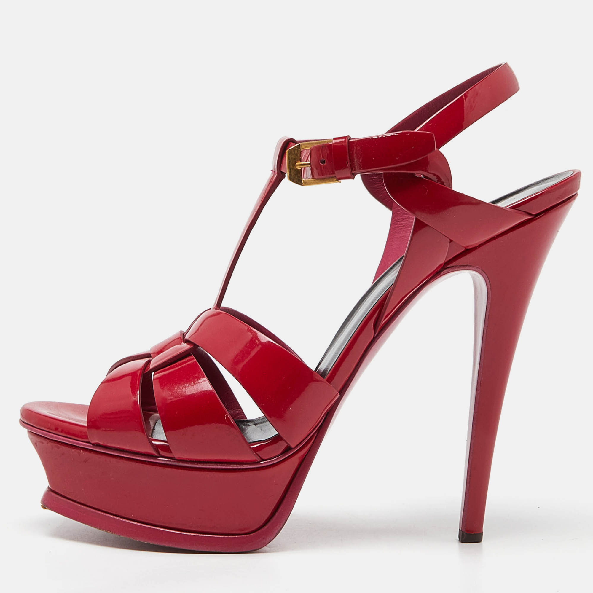 

Saint Laurent Fushia Patent Leather Tribute Platform Sandals Size, Red
