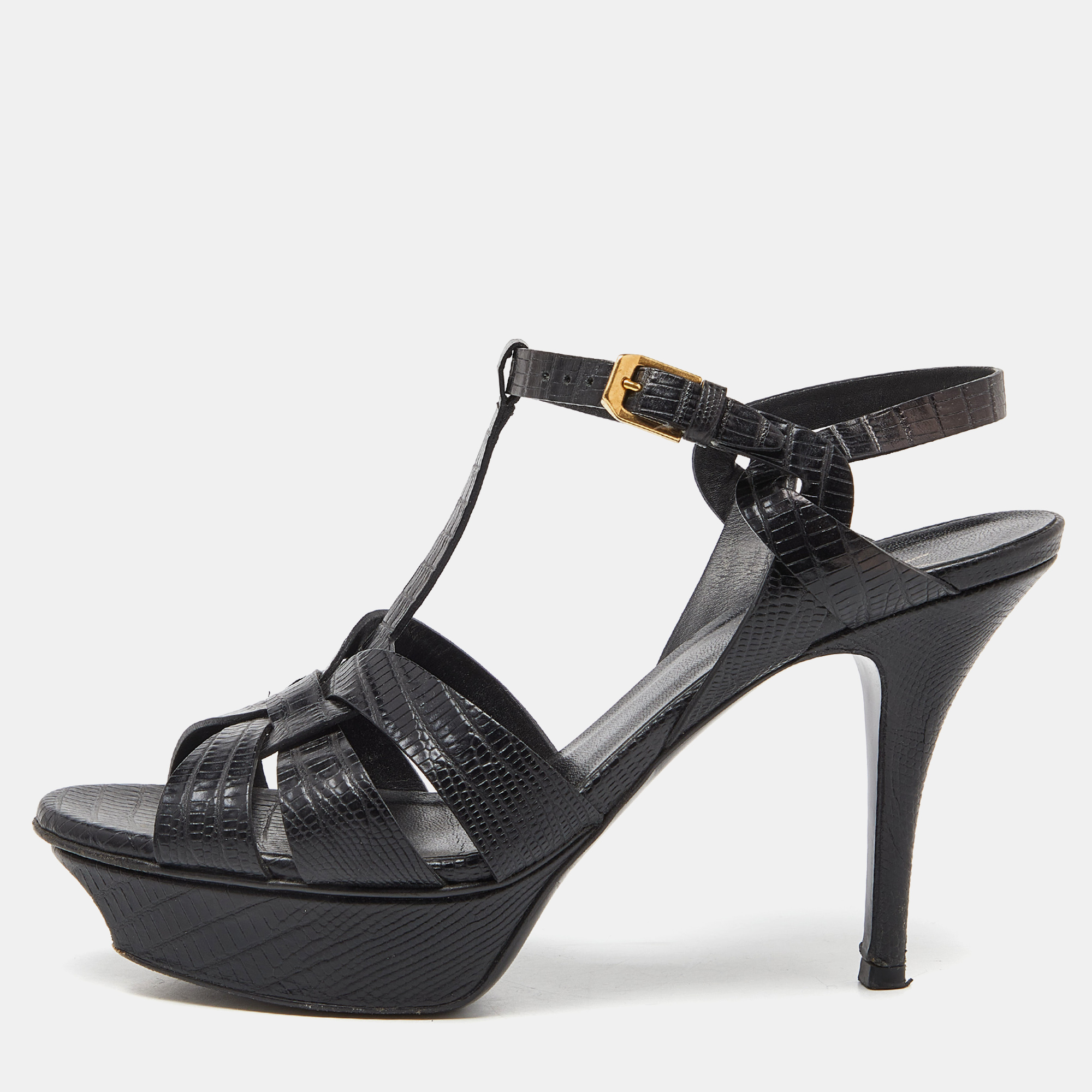Pre-owned Saint Laurent Black Croc Embossed Leather Tribute Ankle Strap Sandals Size 37.5