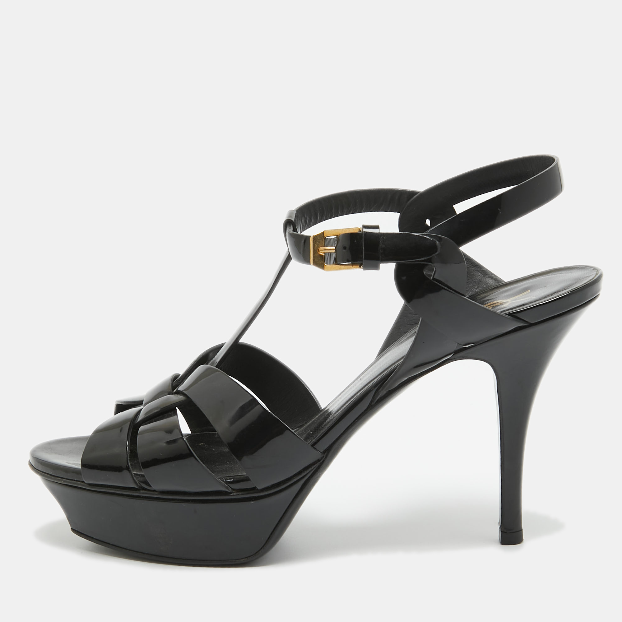 

Saint Laurent Black Patent Tribute Sandals Size