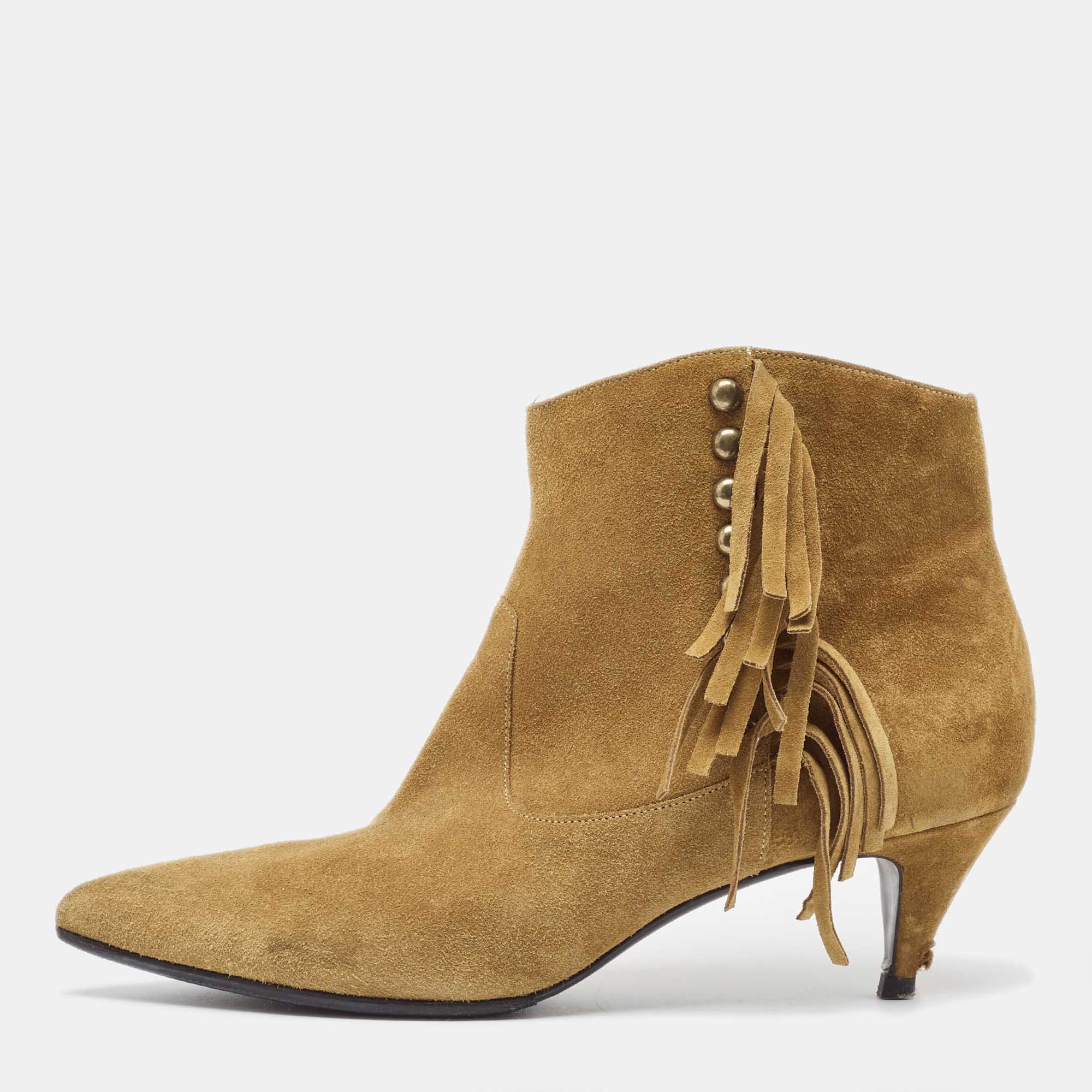 

Saint Laurent Brown Suede Fringe Detail Pointed Toe Ankle Boots Size