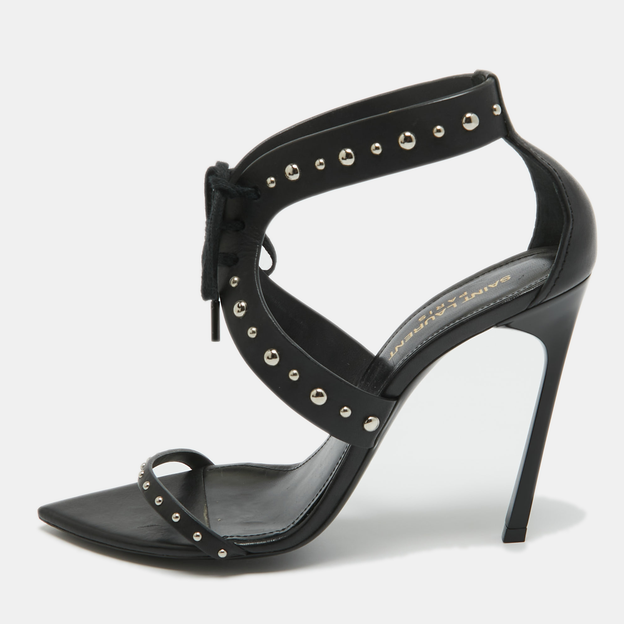 Pre-owned Saint Laurent Black Leather Iris Studded Ankle Strap Sandals Size 38