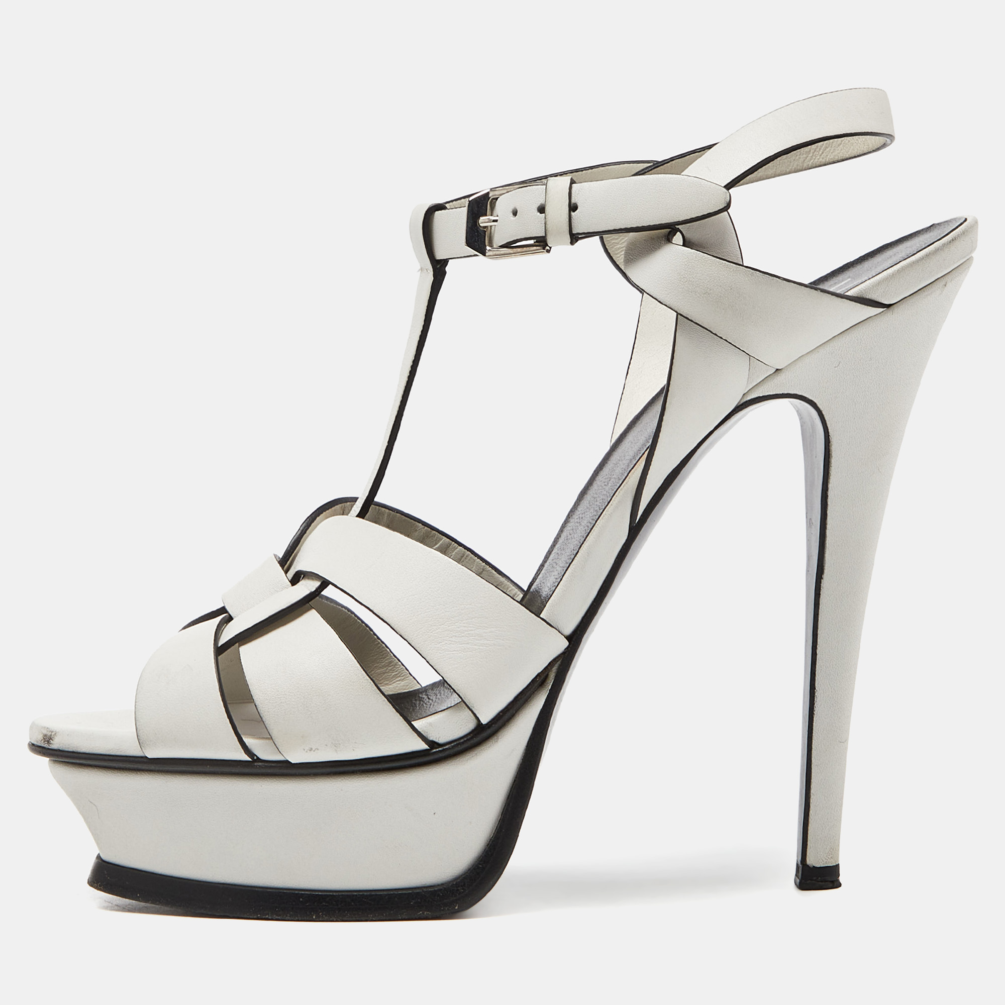 Pre-owned Saint Laurent White Leather Tribute Ankle Strap Sandals Size 37