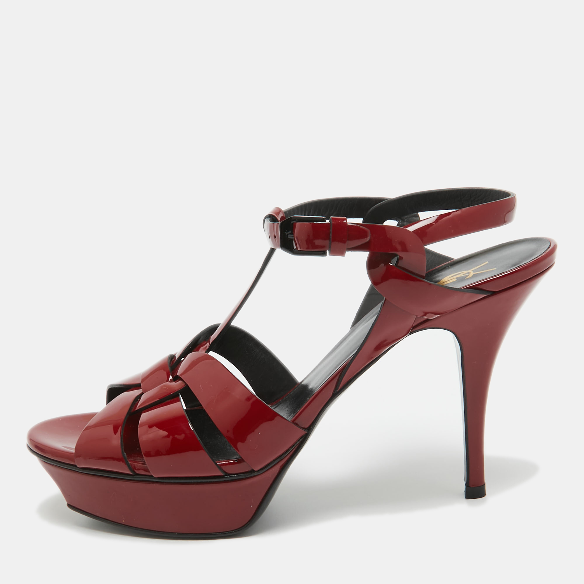 Pre-owned Saint Laurent Dark Red Patent Leather Tribute Sandals Size 40